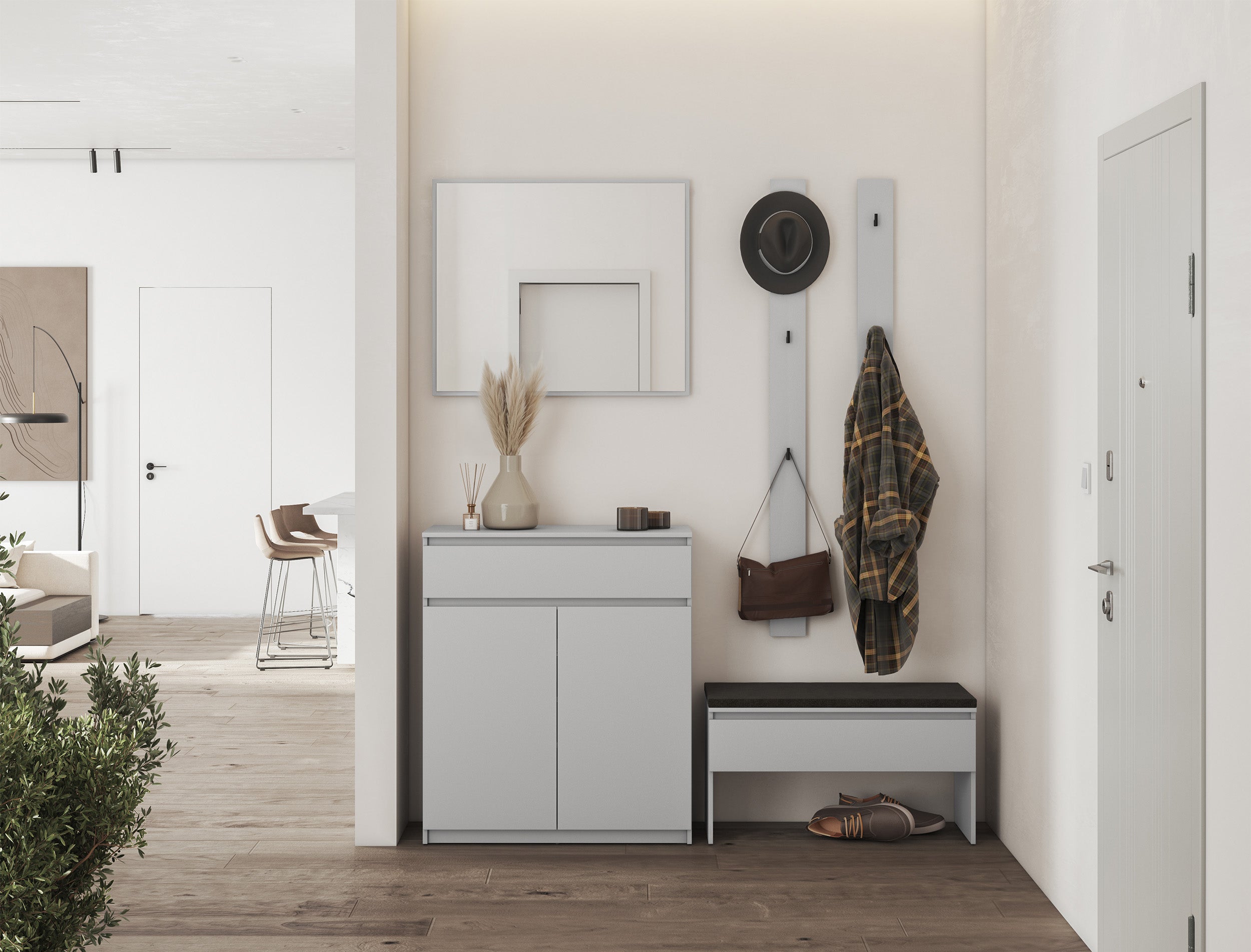 Komoda dwudrzwiowa Simply z szufladą 92 cm szara w aranżacji przedpokoju