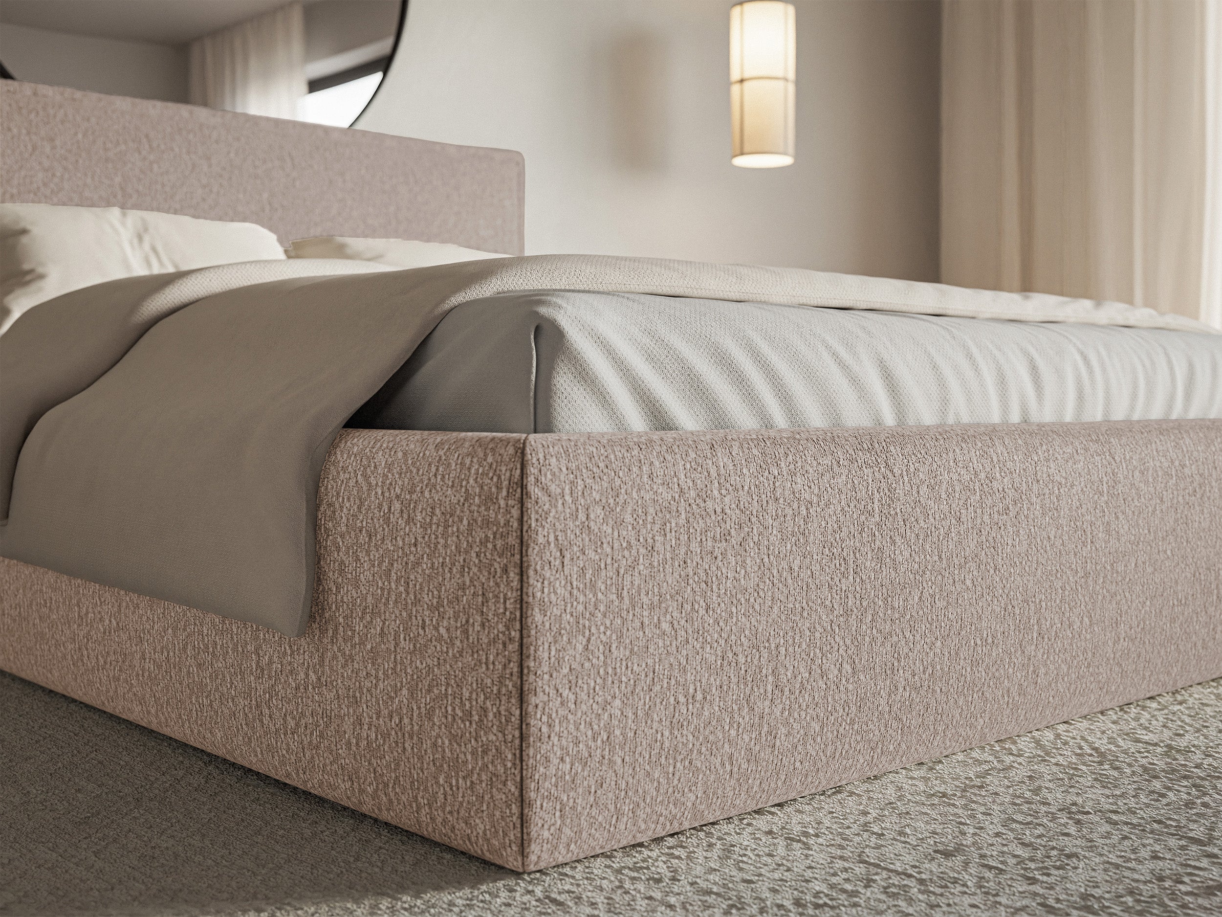 Łóżko tapicerowane 200x200 cm Softie Slim z pojemnikiem ciemnobeżowe szenil stelaż metalowy