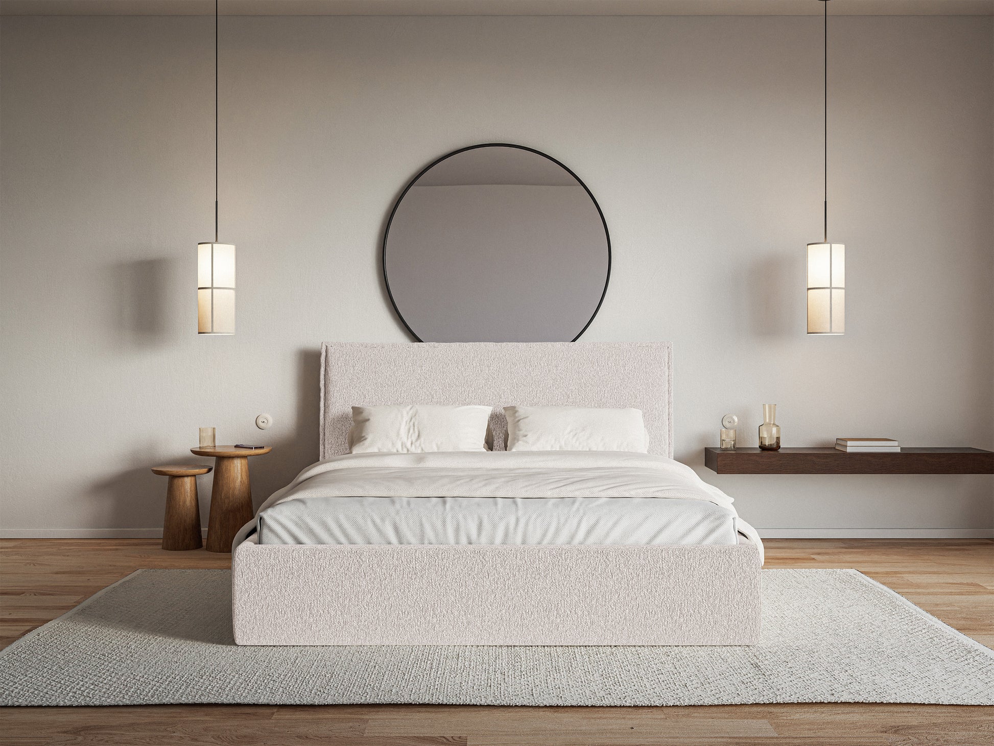 Łóżko tapicerowane Softie Slim 200x200 cm z pojemnikiem beżowe szenil - podnośnik gazowy