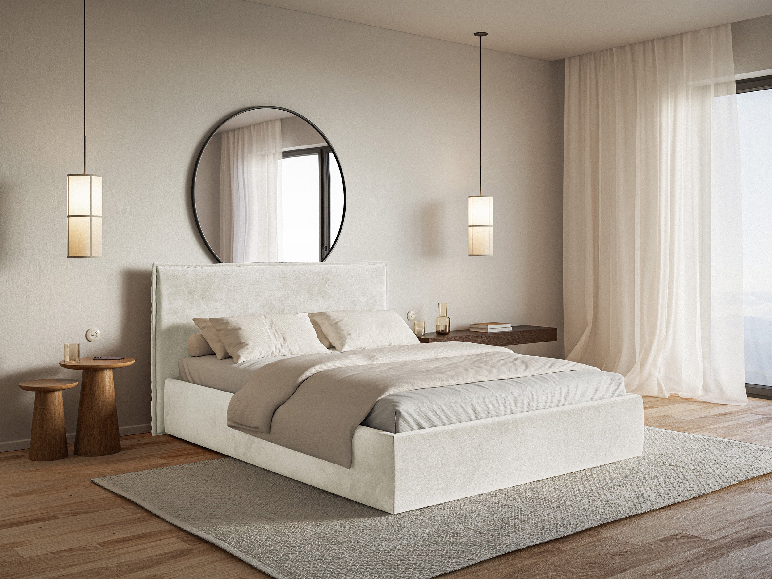 Łóżko tapicerowane 200x200 cm Softie Slim z pojemnikiem szarobeżowe welur hydrofobowy stelaż metalowy