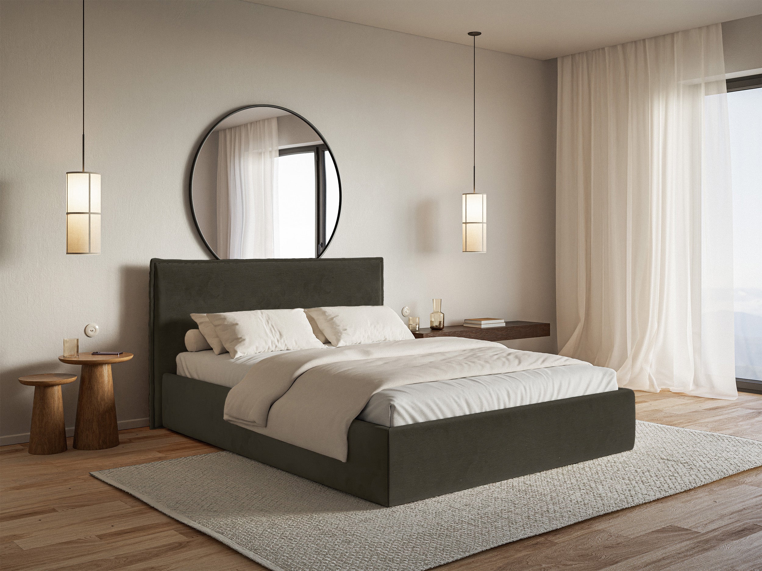 Łóżko tapicerowane Softie Slim 140x200 cm z pojemnikiem ciemnozielone welur hydrofobowy - bez materaca