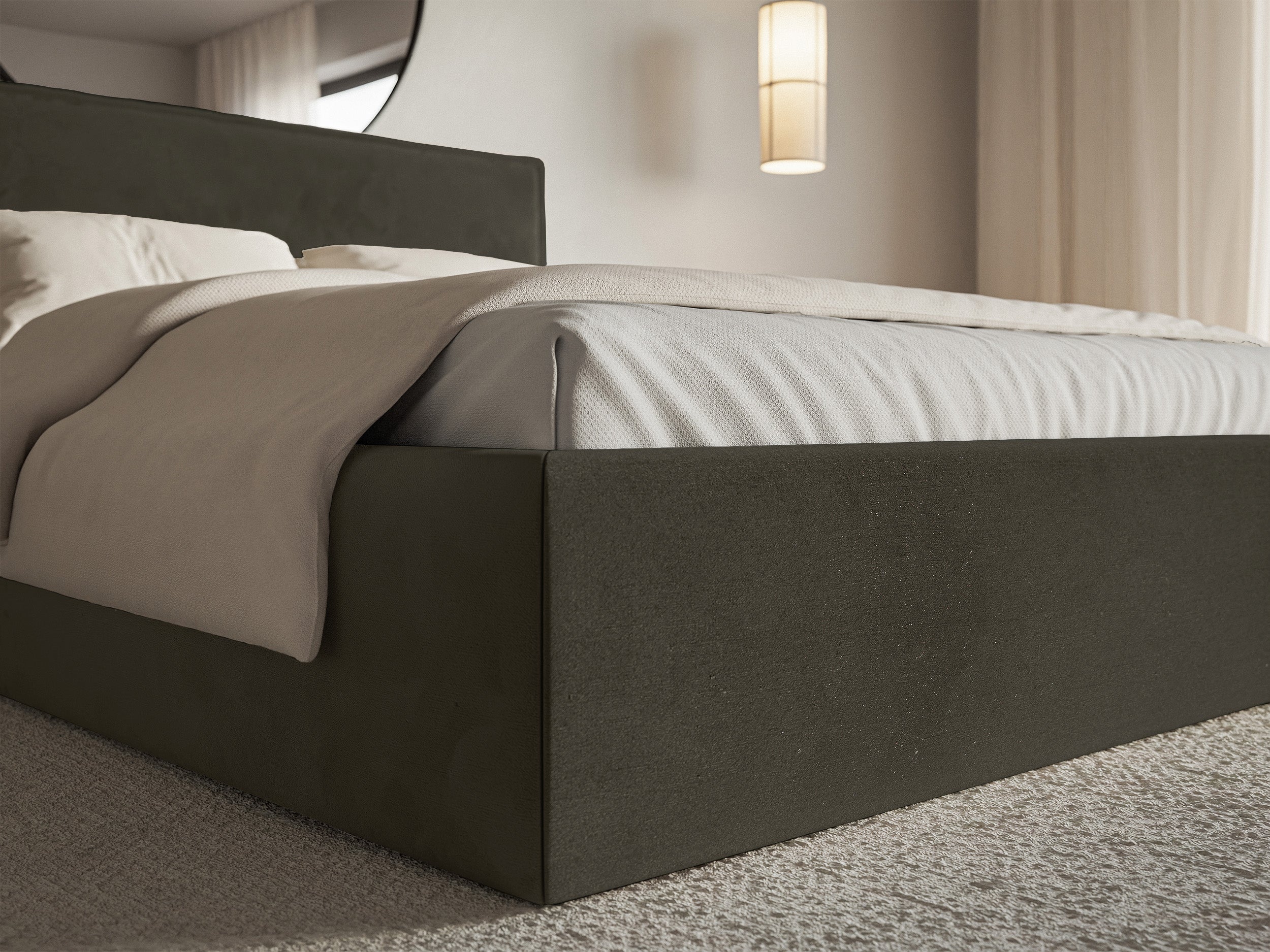 Łóżko tapicerowane 180x200 cm Softie Slim z pojemnikiem ciemnozielone welur hydrofobowy stelaż metalowy