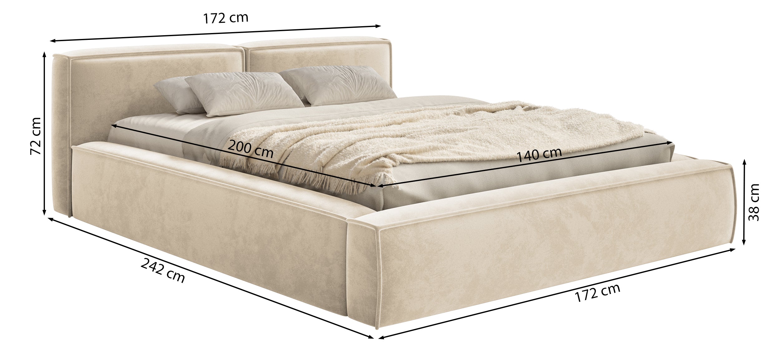 Łóżko tapicerowane 140x200 cm Tilves Slim Low z pojemnikiem stelaż metalowy szarobeżowe welur