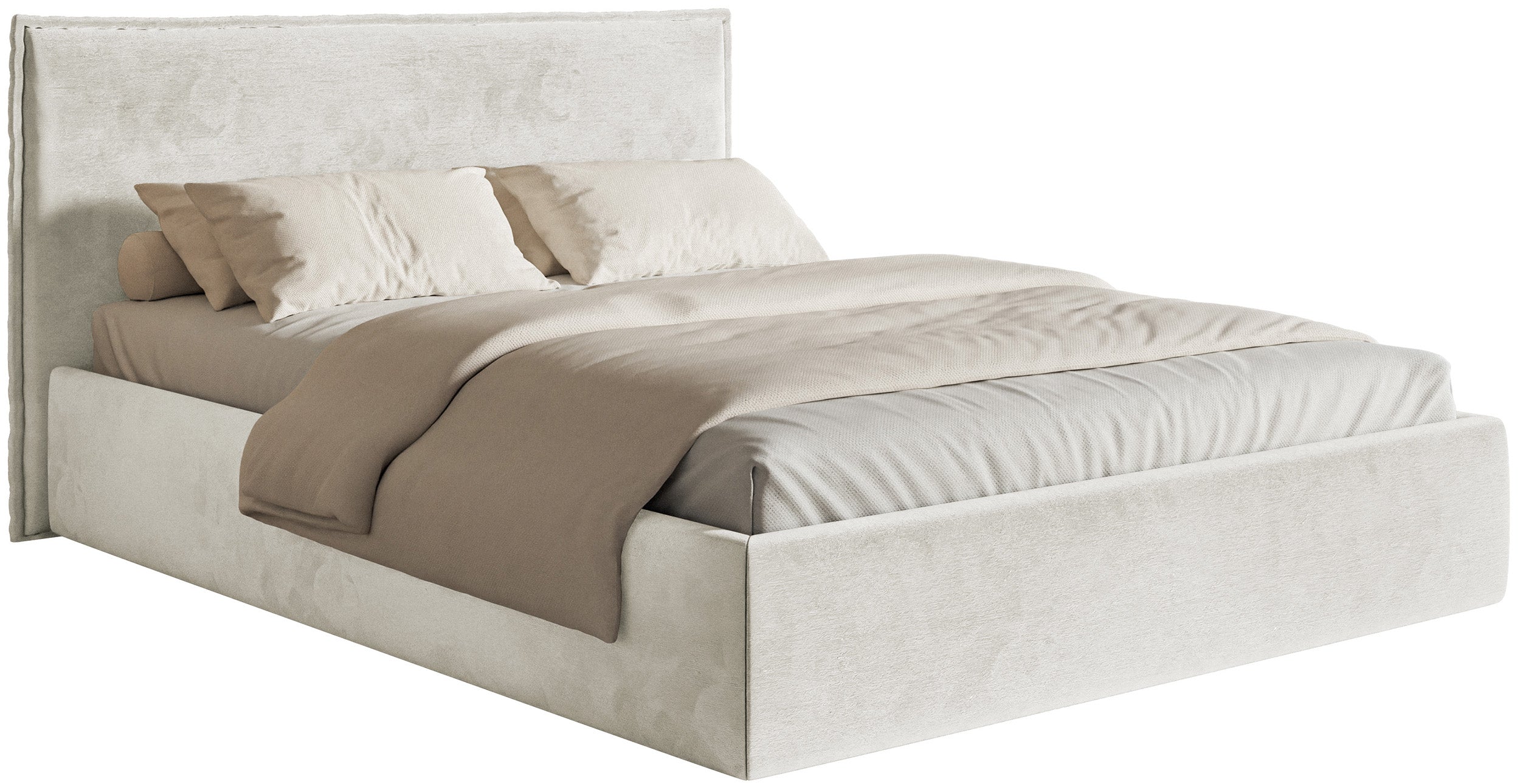Łóżko tapicerowane 200x200 cm Softie Slim z pojemnikiem szarobeżowe welur hydrofobowy stelaż metalowy