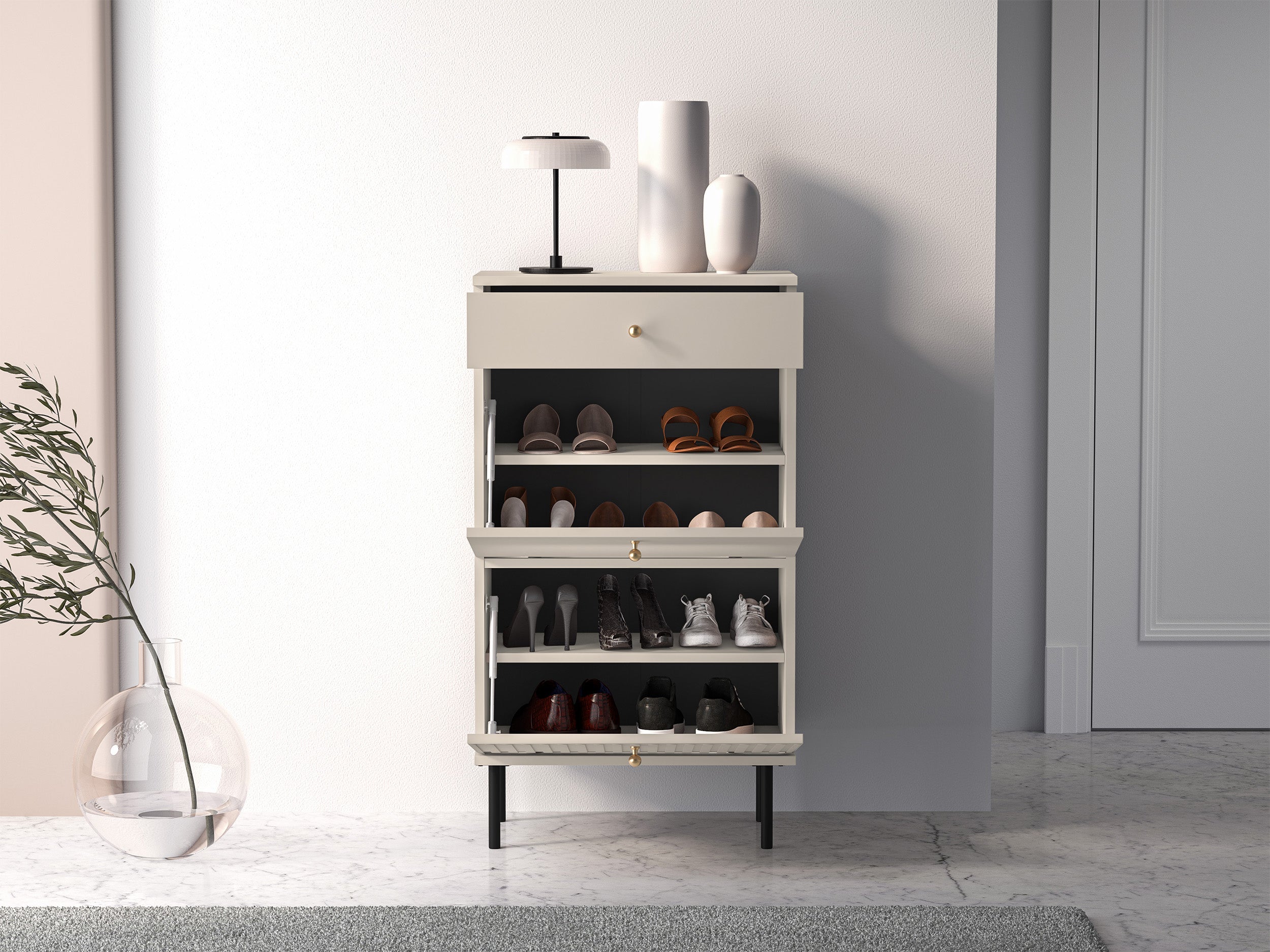 Szafka na buty Caletto 55 cm z szufladą ozdobne lamele beżowa - głębokość 34 cm