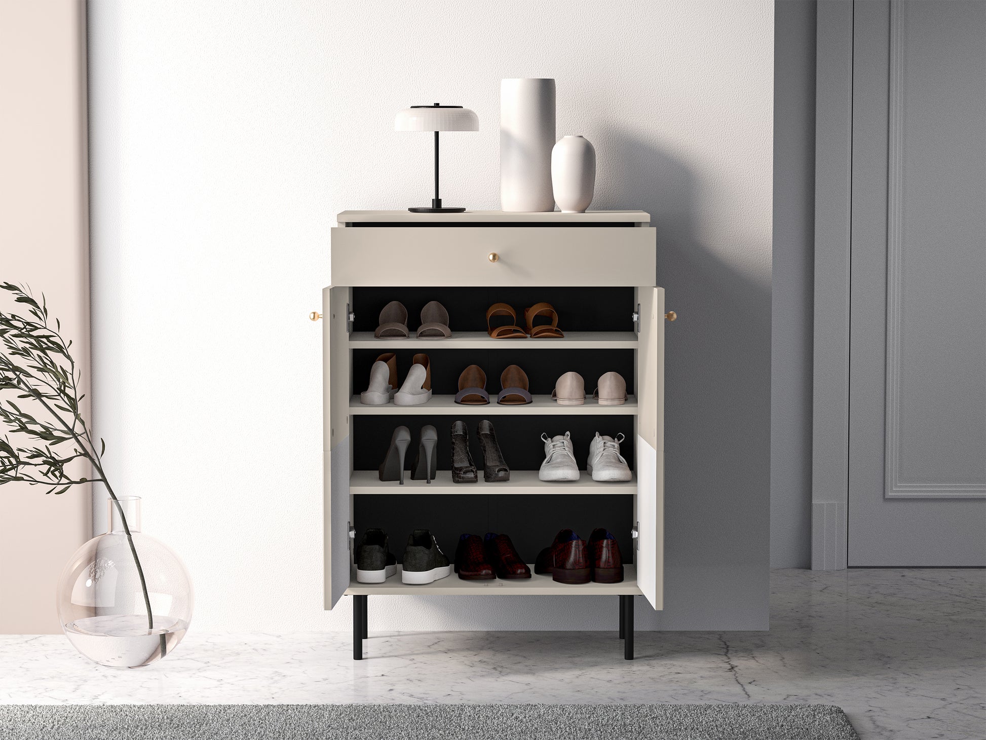 Szafka na buty Caletto 68 cm z szufladą ozdobne lamele beżowa - głębokość 34 cm