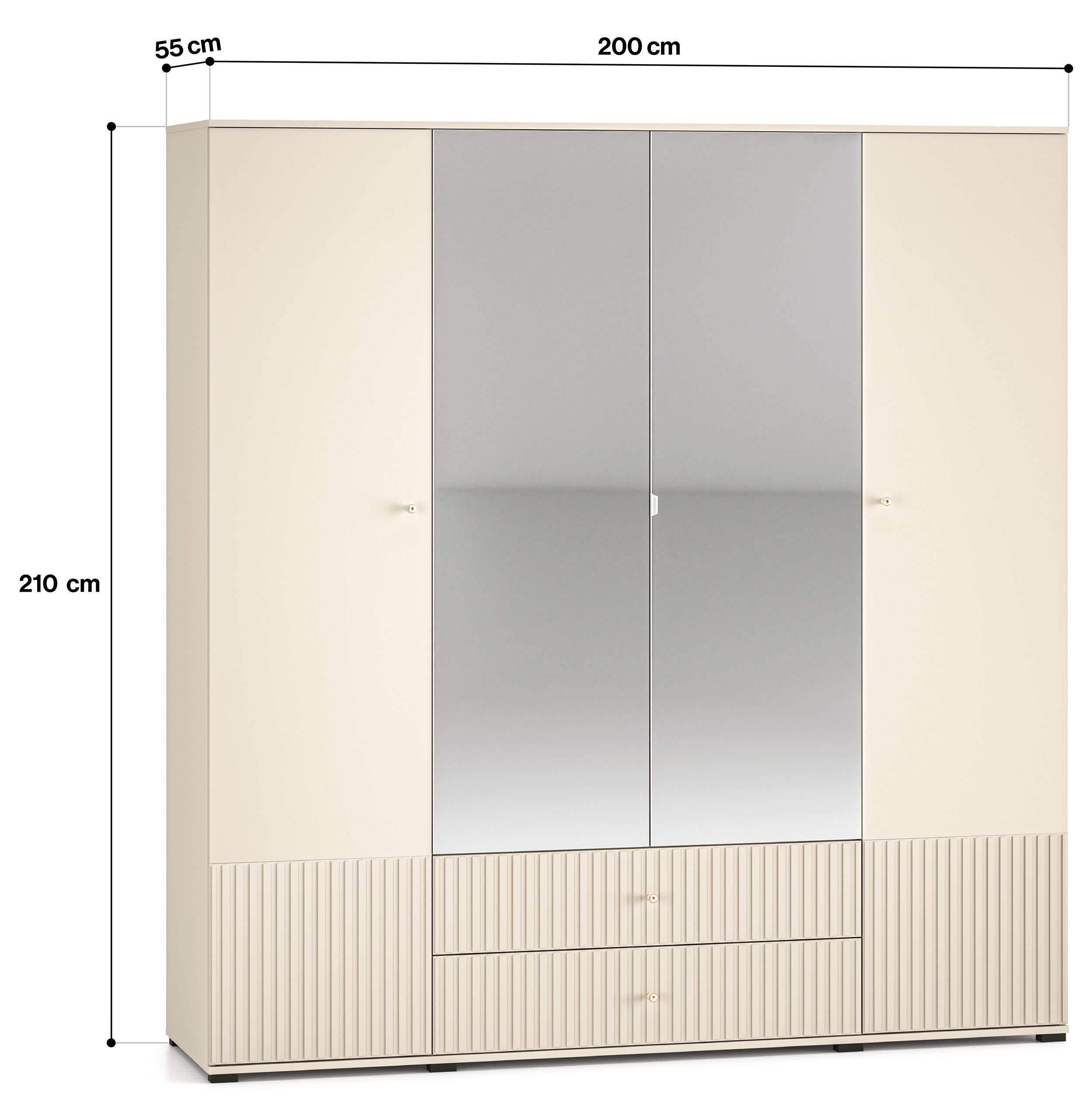 Szafa czterodrzwiowa Caletto 200 cm z dwiema szufladami i lustrem - wysokość 210 cm