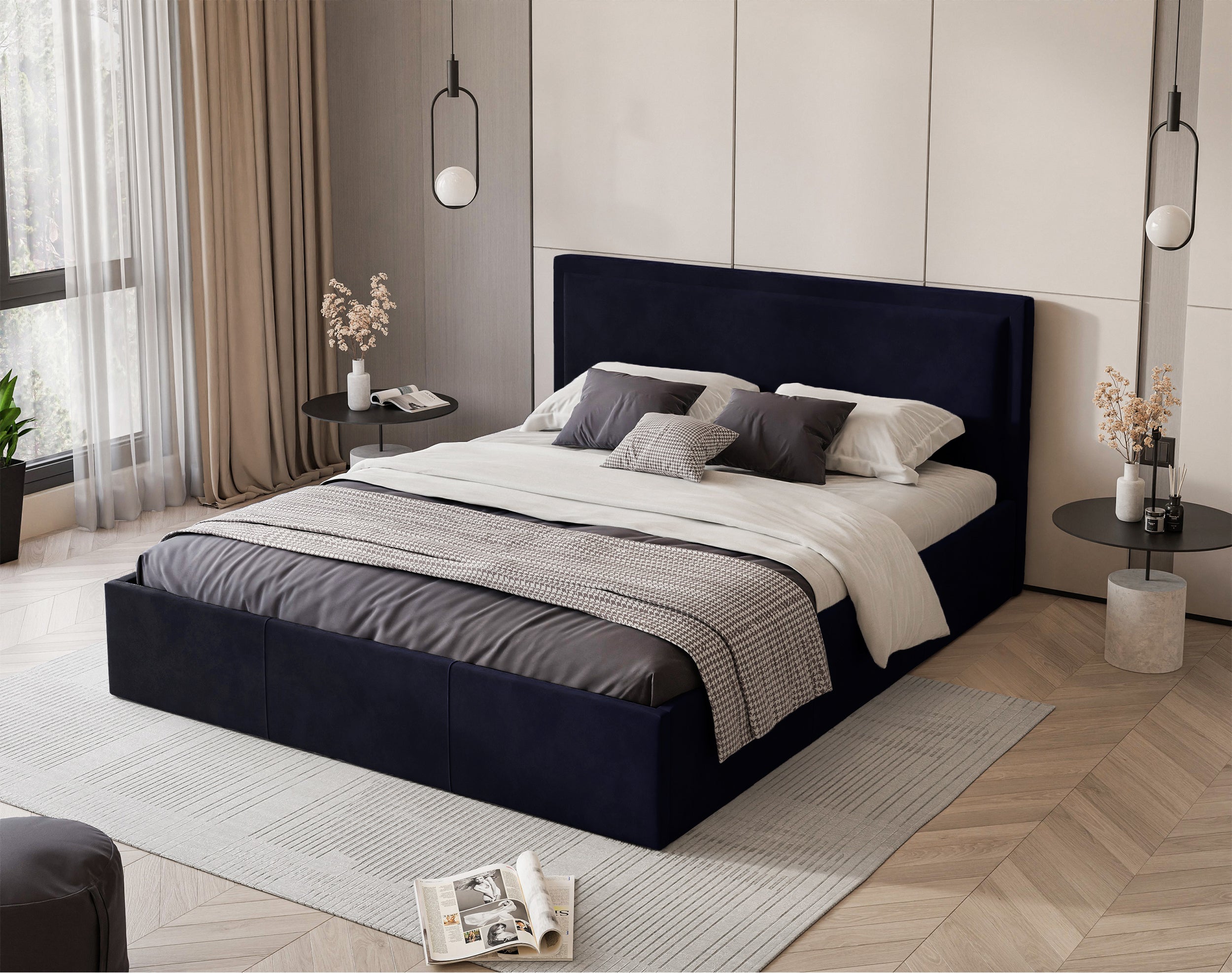 Łóżko tapicerowane Soave 180x200 cm z pojemnikiem i metalowym stelażem granatowy - bez materaca