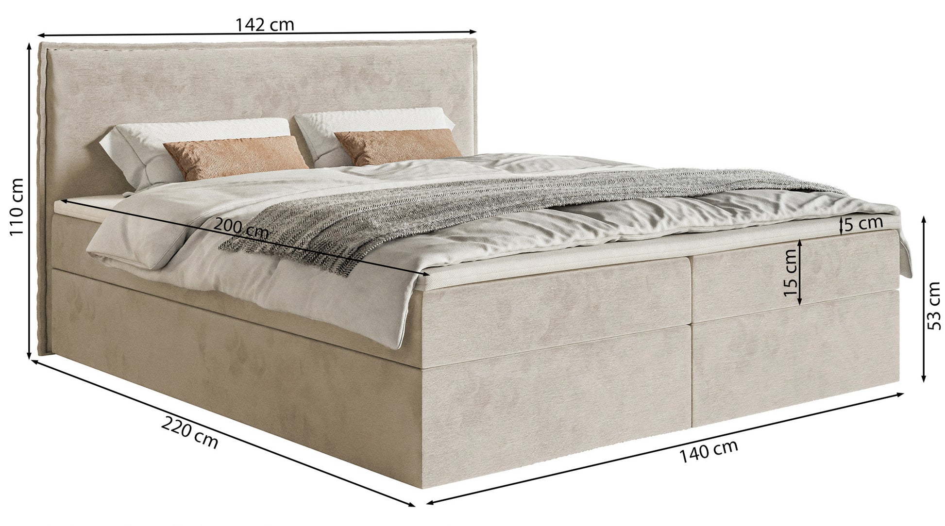 Łóżko kontynentalne 140x200 cm Softie z pojemnikami i topperem szarobrązowe welur hydrofobowy - materiał płyta meblowa