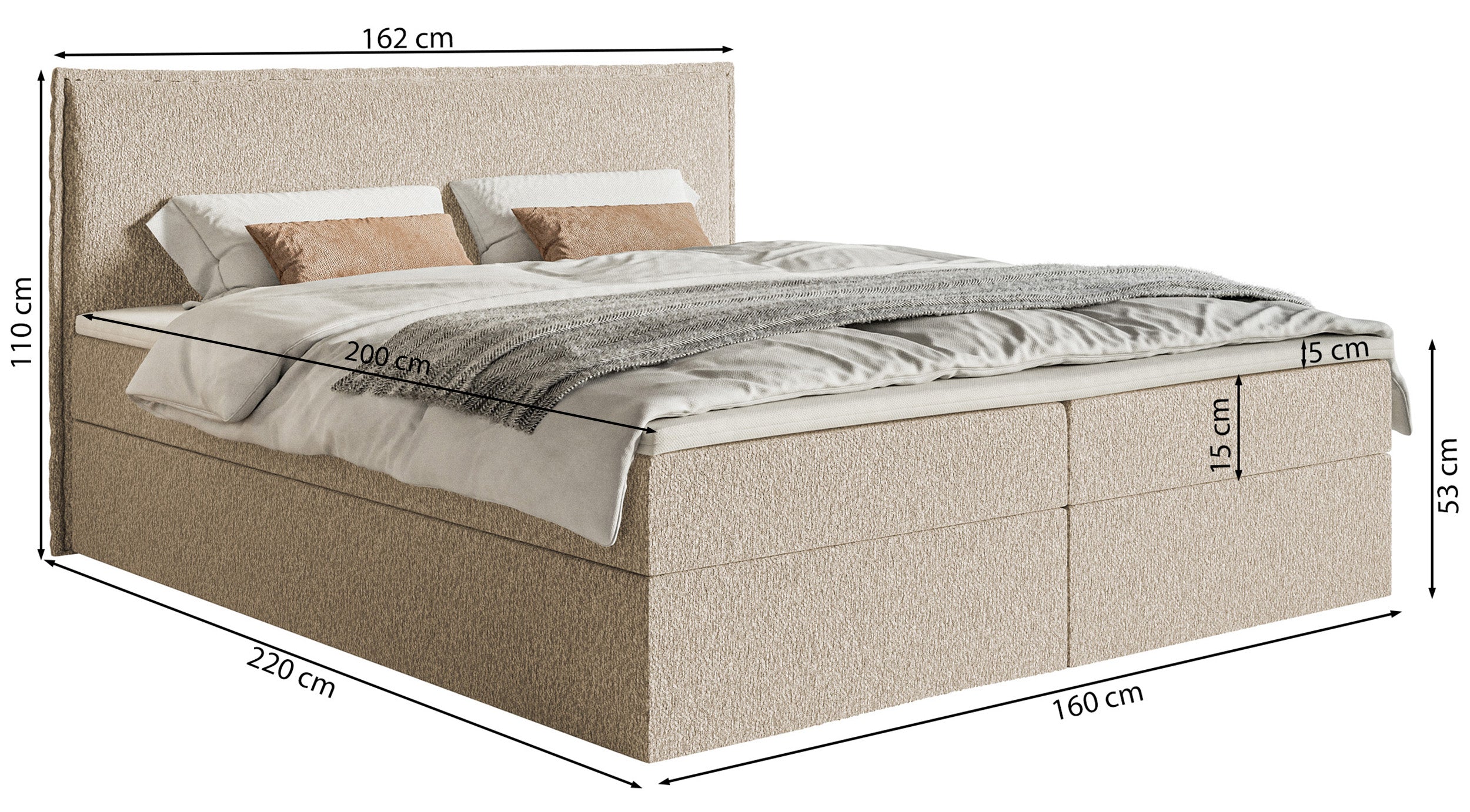 Łóżko kontynentalne 160x200 cm Softie z pojemnikami i topperem beżowe szenil