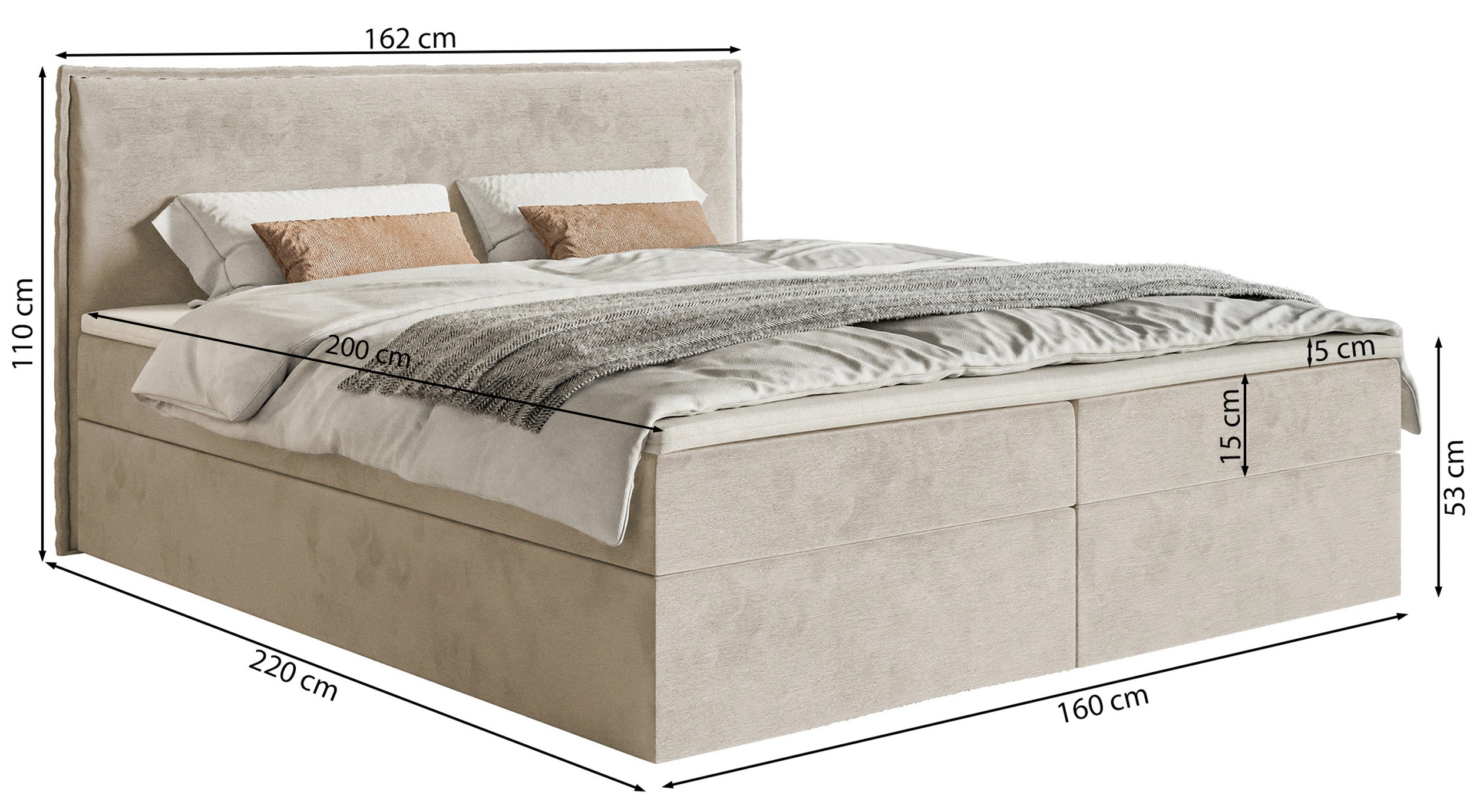 Łóżko kontynentalne 160x200 cm Softie z pojemnikami i topperem beżowe welur hydrofobowy
