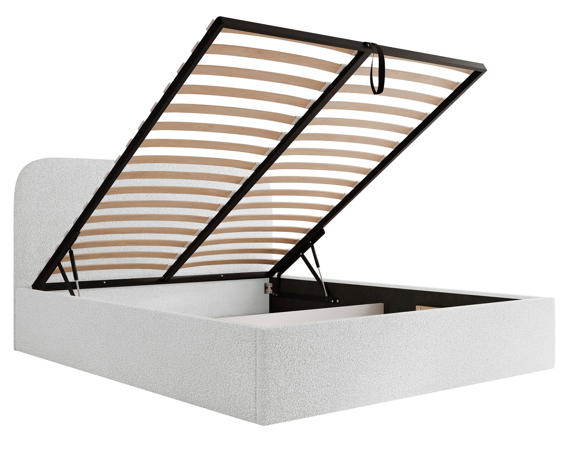 Łóżko tapicerowane Sonvivo 160x200 cm z pojemnikiem na pościel białe boucle - materiał metal