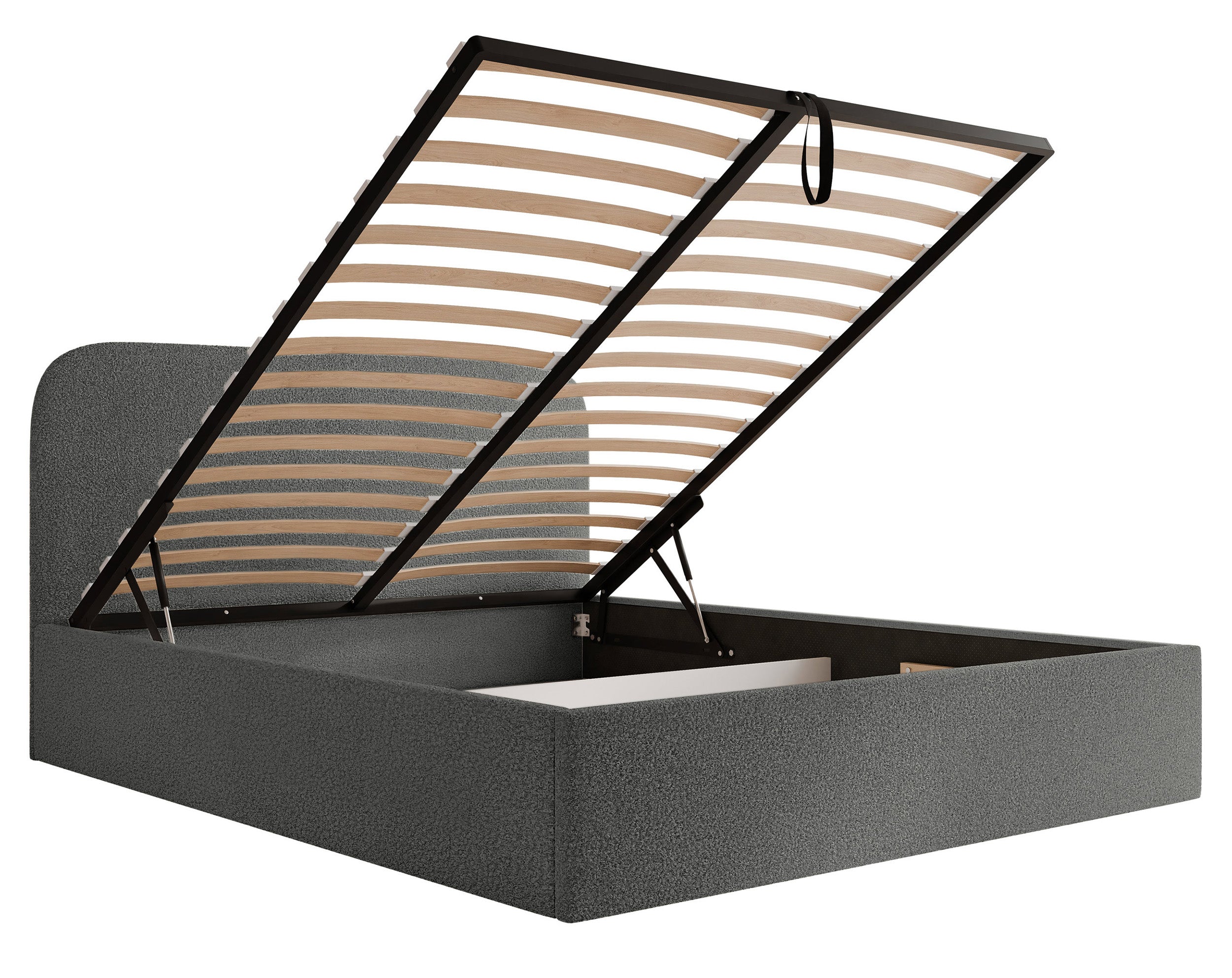 Łóżko tapicerowane Sonvivo 160x200 cm z pojemnikiem na pościel ciemnoszare boucle - materiał metal