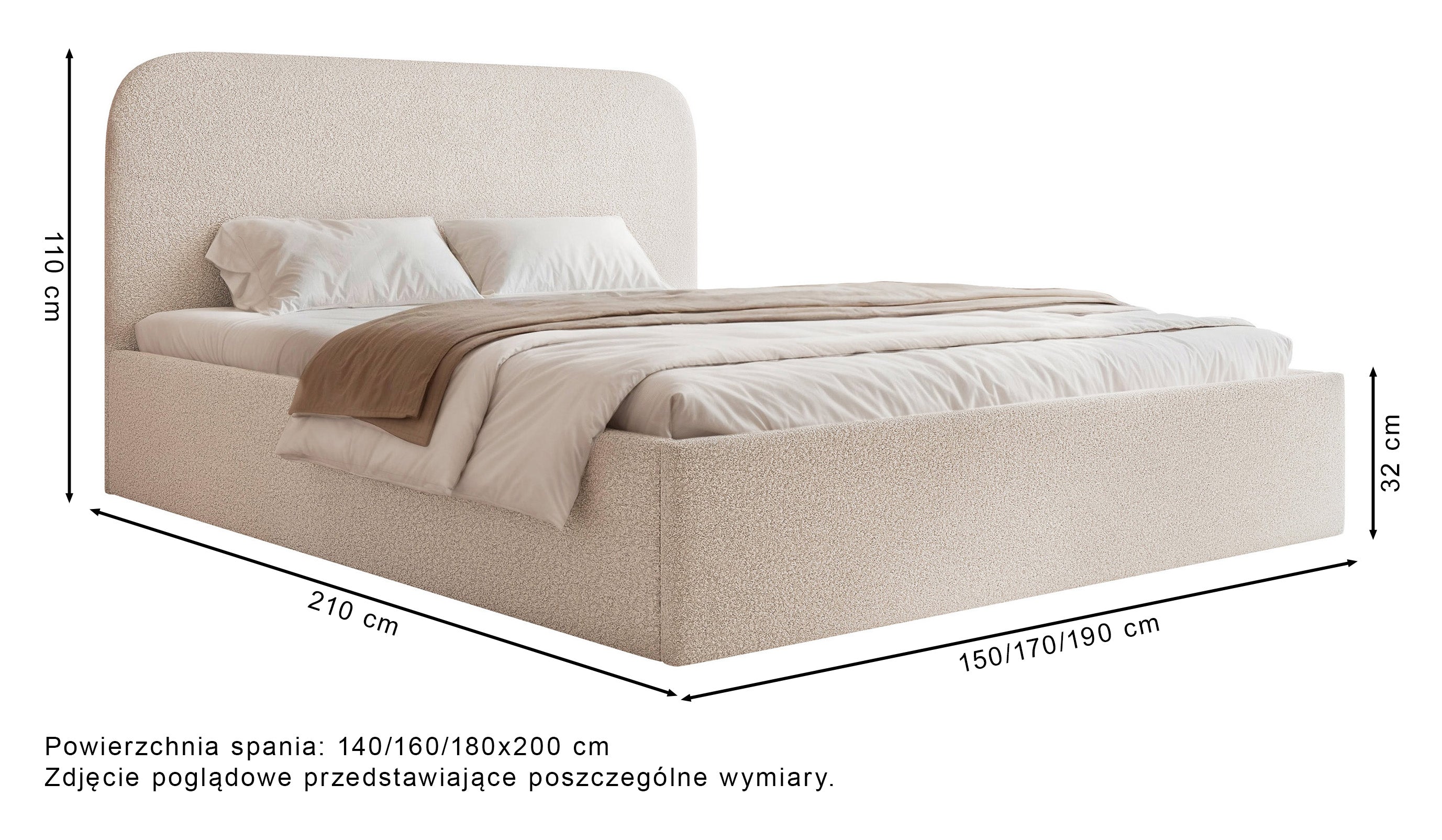 Rysunek wymiarowy - Łóżko tapicerowane Sonvivo 140x200 cm z pojemnikiem na pościel kremowe boucle: szerokość 150 cm, długość 210 cm, wysokość 110 cm