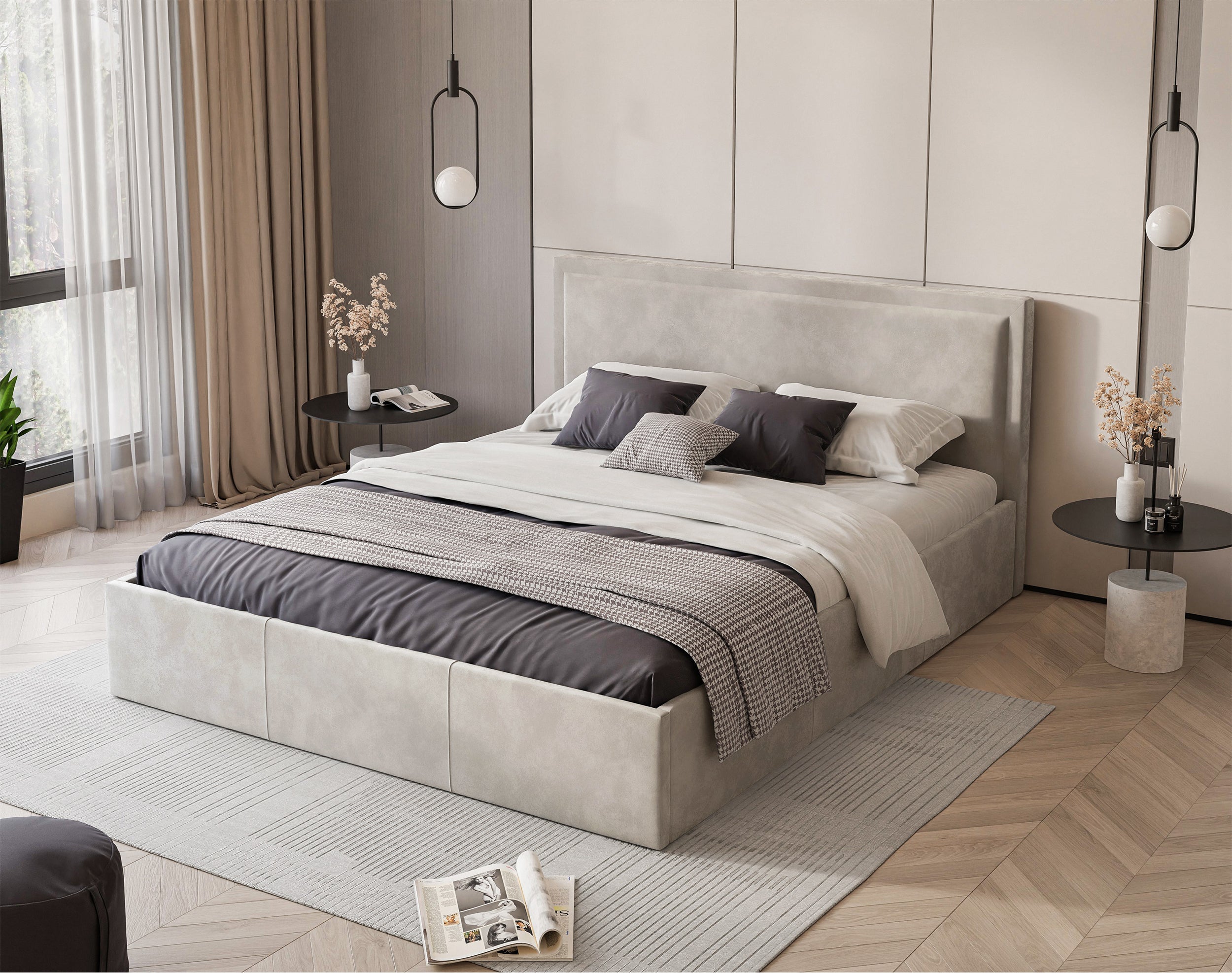 Łóżko tapicerowane Soave 140x200 cm z pojemnikiem i metalowym stelażem jasnobeżowy - bez materaca