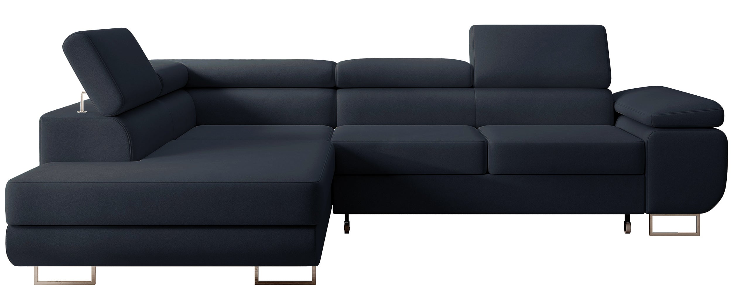 Narożnik z funkcją spania Stevil L-kształtny z pojemnikiem granatowy welur łatwoczyszczący lewostronny