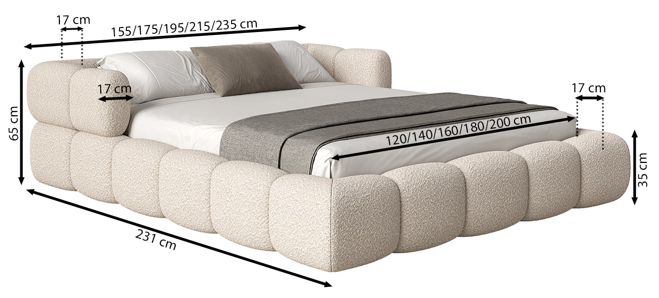 Rysunek wymiarowy - Łóżko tapicerowane Stormi z pojemnikiem stelaż metalowy kremowe: szerokość 155 cm, długość 231 cm, wysokość 65 cm