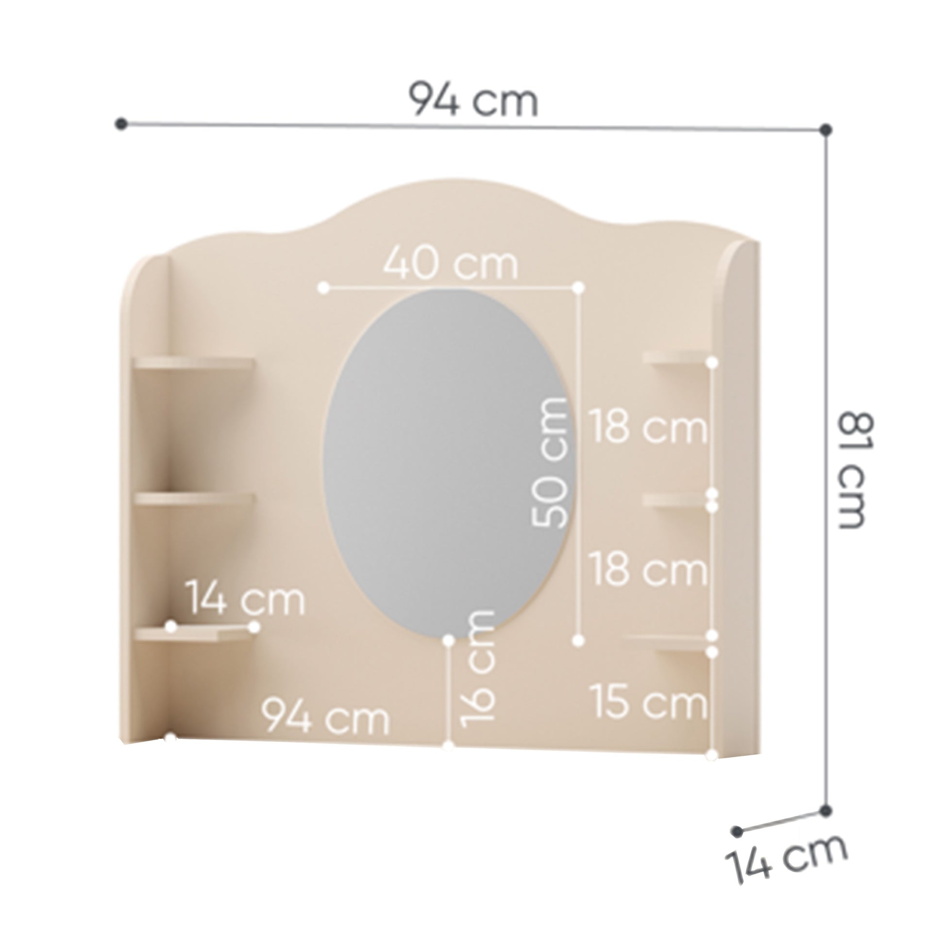 Rysunek wymiarowy - Nadstawka do biurka Story z lustrem i półkami 94 cm beż piaskowy: szerokość 94 cm, głębokość 14 cm, wysokość 81 cm