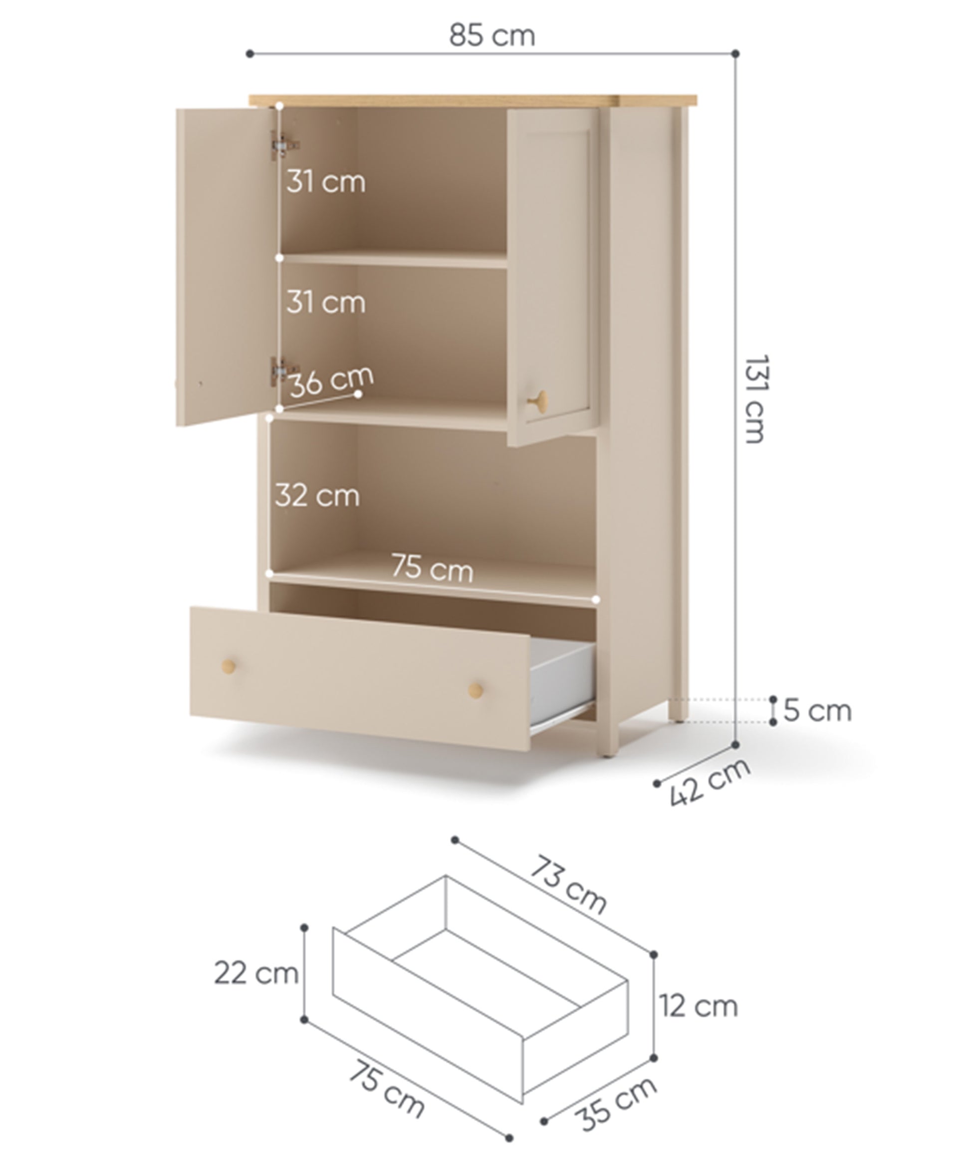 Rysunek wymiarowy - Komoda dwudrzwiowa Story z szufladą i wnęką 85: szerokość 85 cm, głębokość 42 cm, wysokość 131 cm