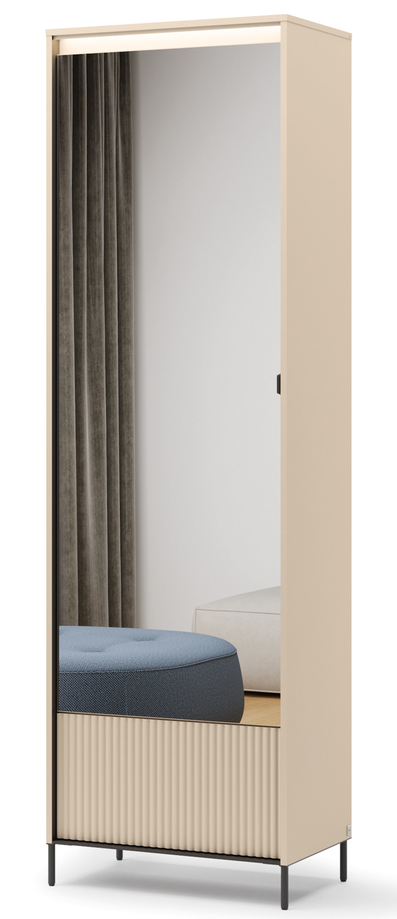 Szafa jednodrzwiowa Trend z lustrem i oświetleniem 65 cm ryflowany front beż piaskowy / czarny - materiał metal