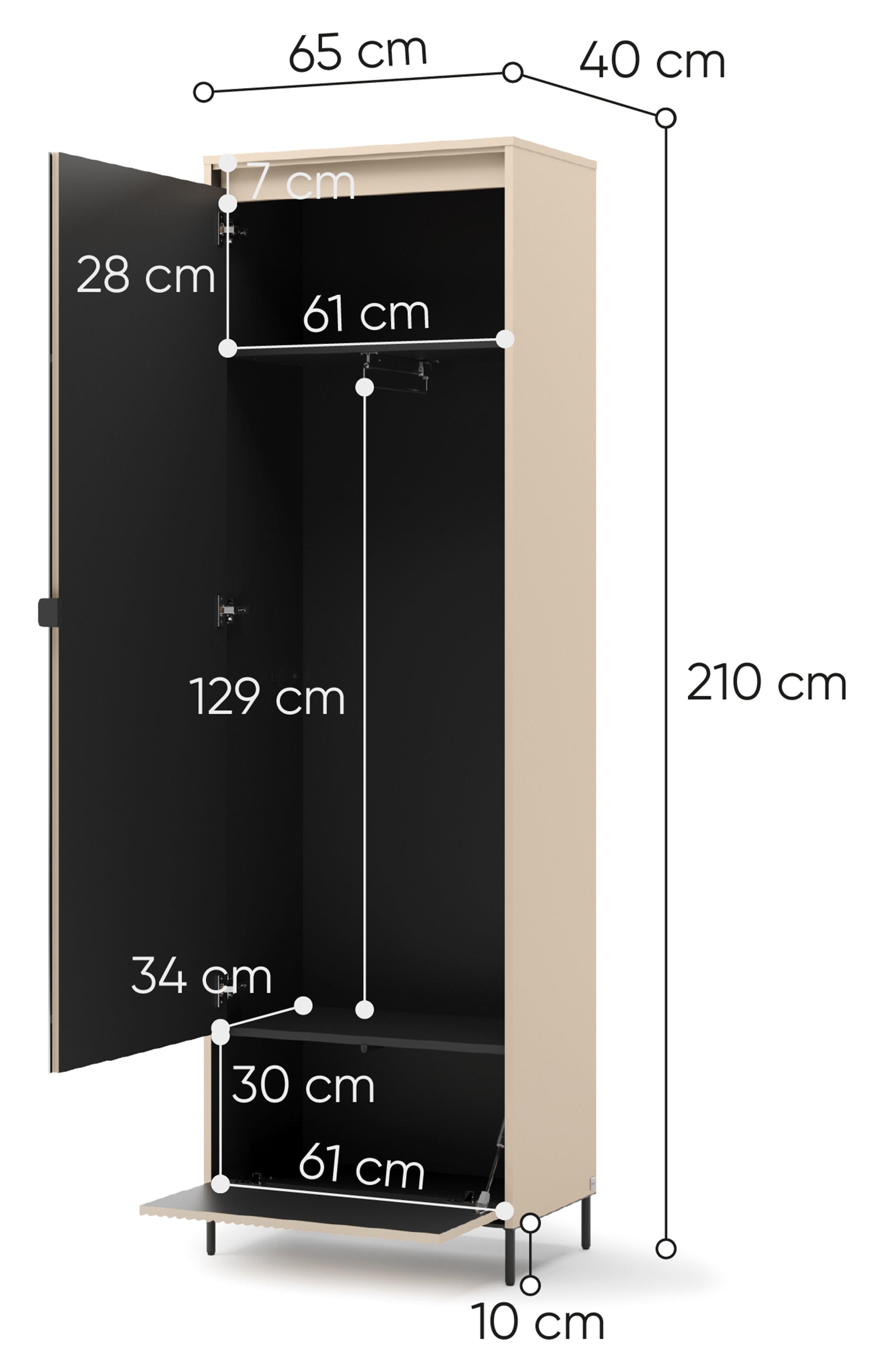 Szafa jednodrzwiowa Trend z lustrem i oświetleniem 65 cm ryflowany front beż piaskowy / czarny - szerokość 65 cm