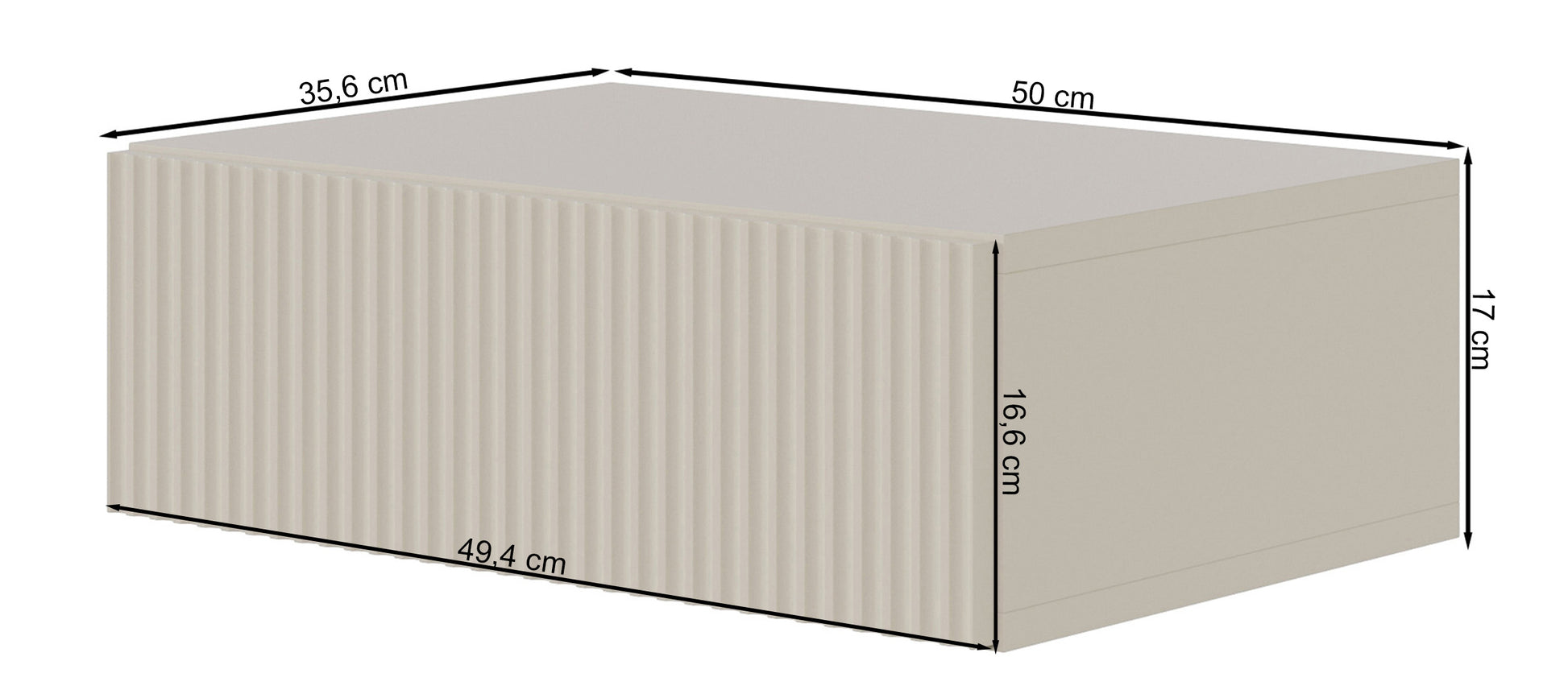 Rysunek wymiarowy - Szafka nocna Veldio Biała wisząca: szerokość 50 cm, głębokość 35,6 cm, wysokość 17 cm