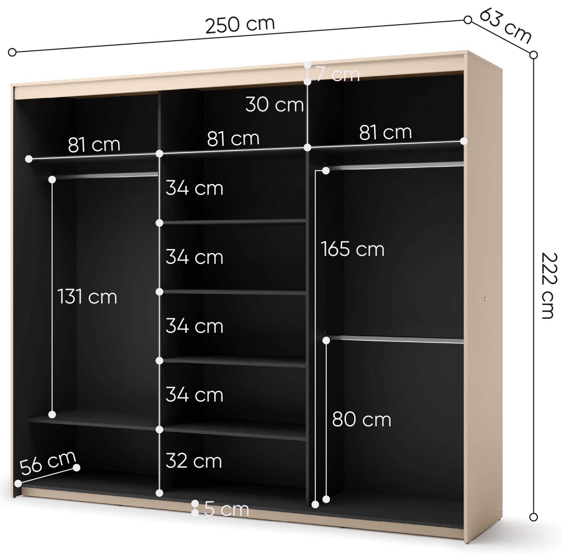 Szafa przesuwna Trend trzydrzwiowa z lustrem i oświetleniem 250 cm ryflowane fronty beż piaskowy / czarny - głębokość 63 cm