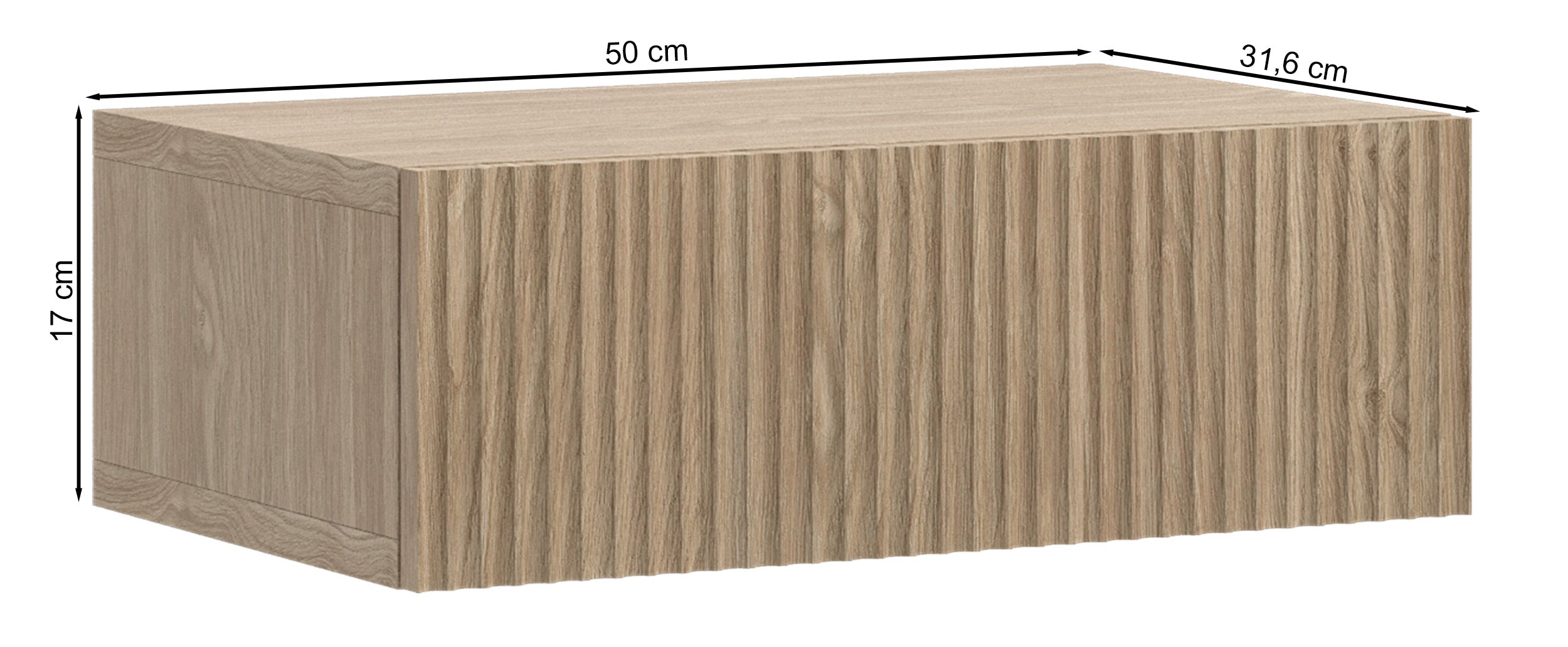 Rysunek wymiarowy - Szafka nocna Nolie z szufladą i ryflowaniem na froncie wisząca 50 cm dąb olejowany: szerokość 50 cm, głębokość 35,6 cm, wysokość 17 cm