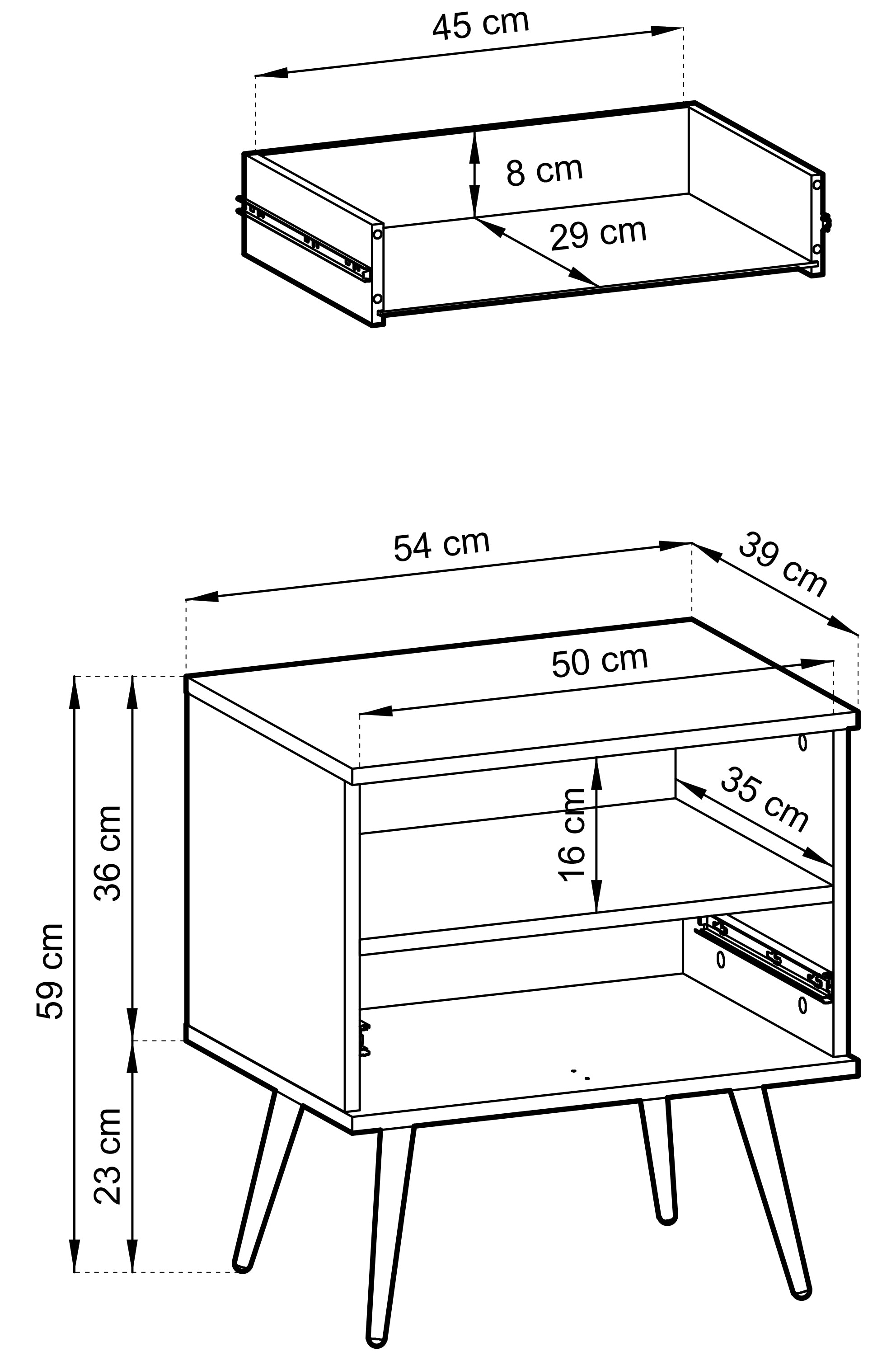 Rysunek wymiarowy - Szafka nocna Glinte biała: szerokość 54 cm, głębokość 39 cm, wysokość 59 cm