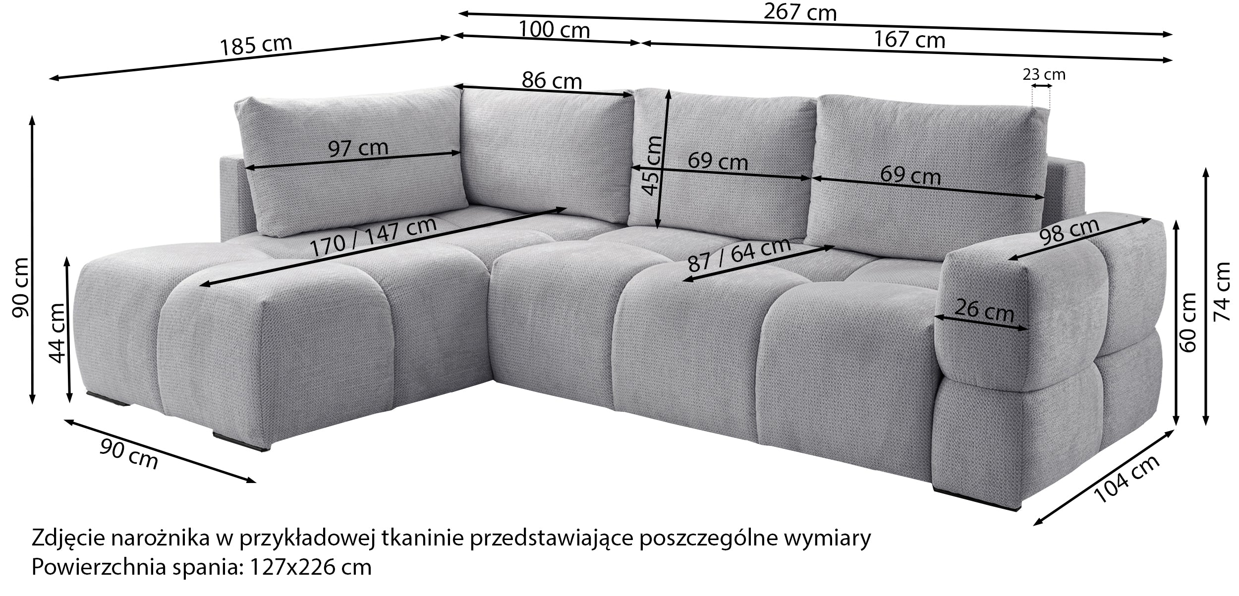 Rysunek wymiarowy - Narożnik taremi granatowy: szerokość 267 cm, głębokość 185 cm, wysokość 90 cm