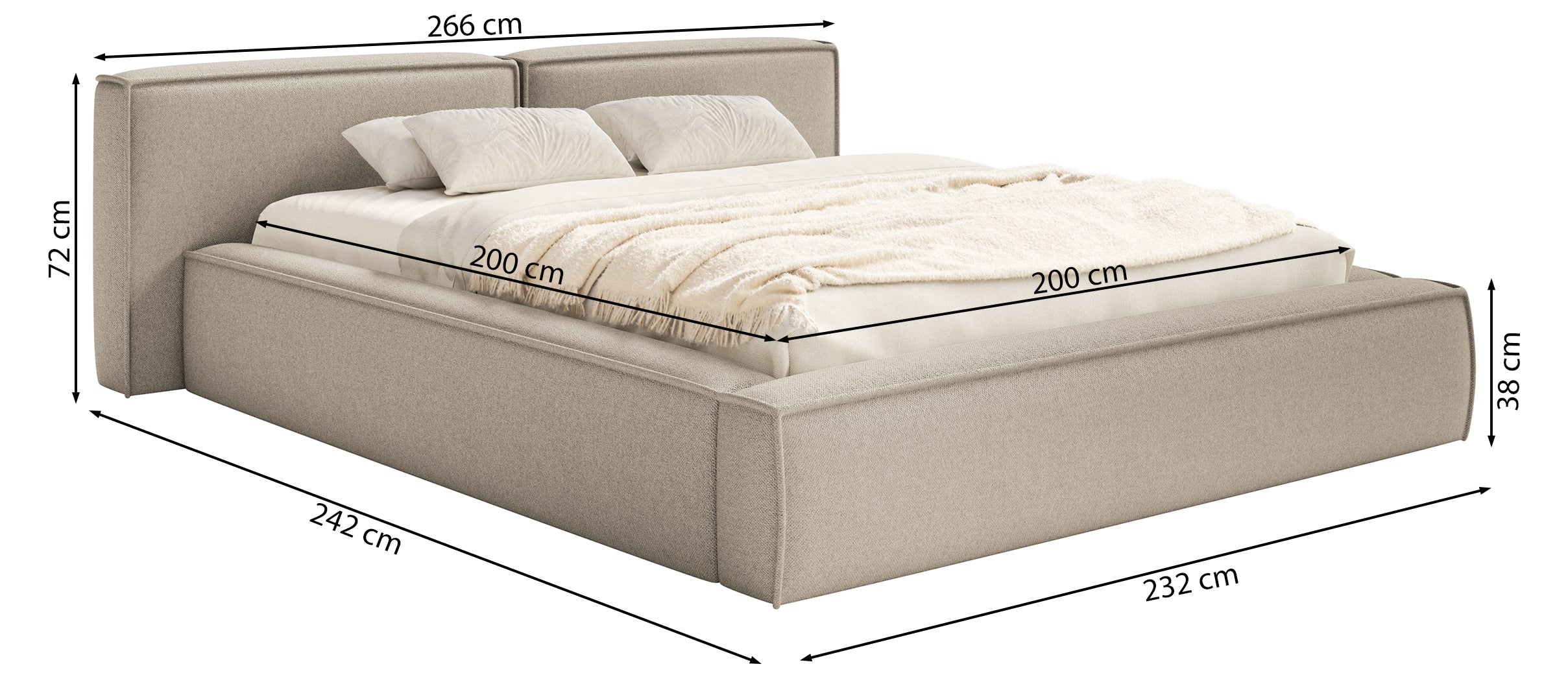 Łóżko tapicerowane 200x200 cm Tilves Low z pojemnikiem stelaż metalowy kremowe szenil