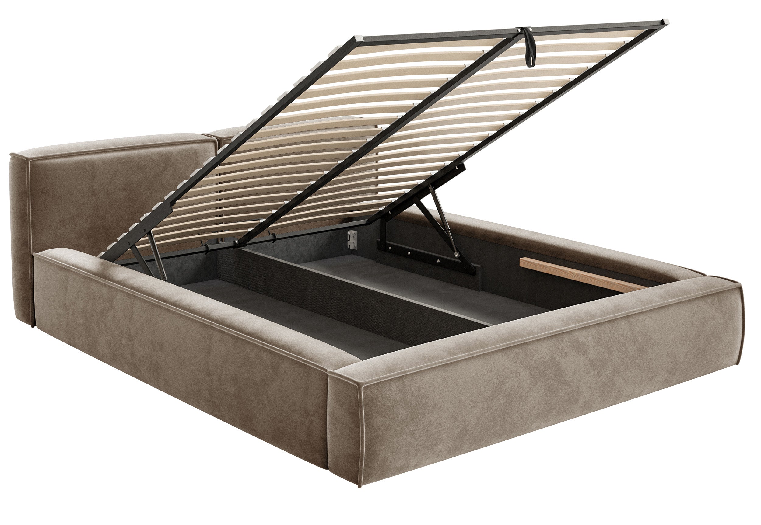 Łóżko tapicerowane 180x200 cm Tilves Slim Low z pojemnikiem stelaż metalowy jasnobrązowe welur - otwarty pojemnik na pościel