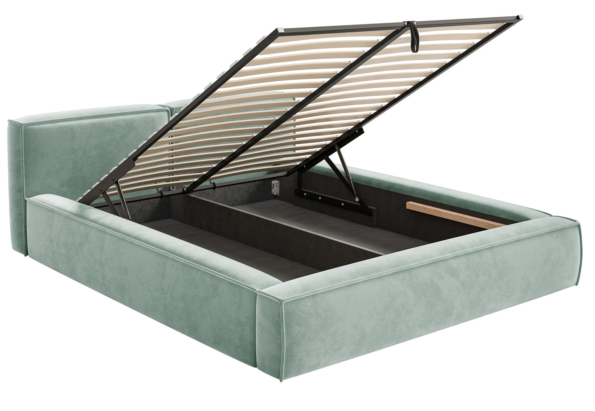 Łóżko tapicerowane 200x200 cm Tilves Slim Low z pojemnikiem stelaż metalowy szałwiowe welur - otwarty pojemnik na pościel