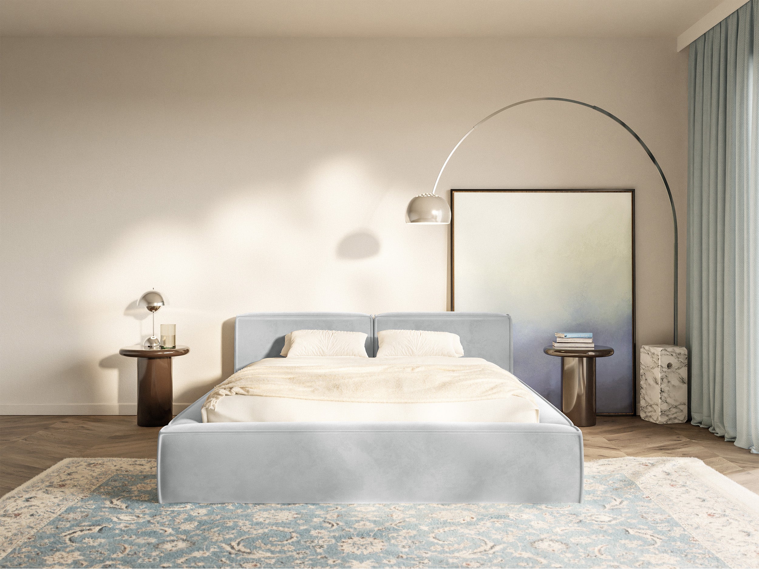 Łóżko tapicerowane 140x200 cm Tilves Slim Low z pojemnikiem stelaż metalowy jasnoszare welur w aranżacji sypialni