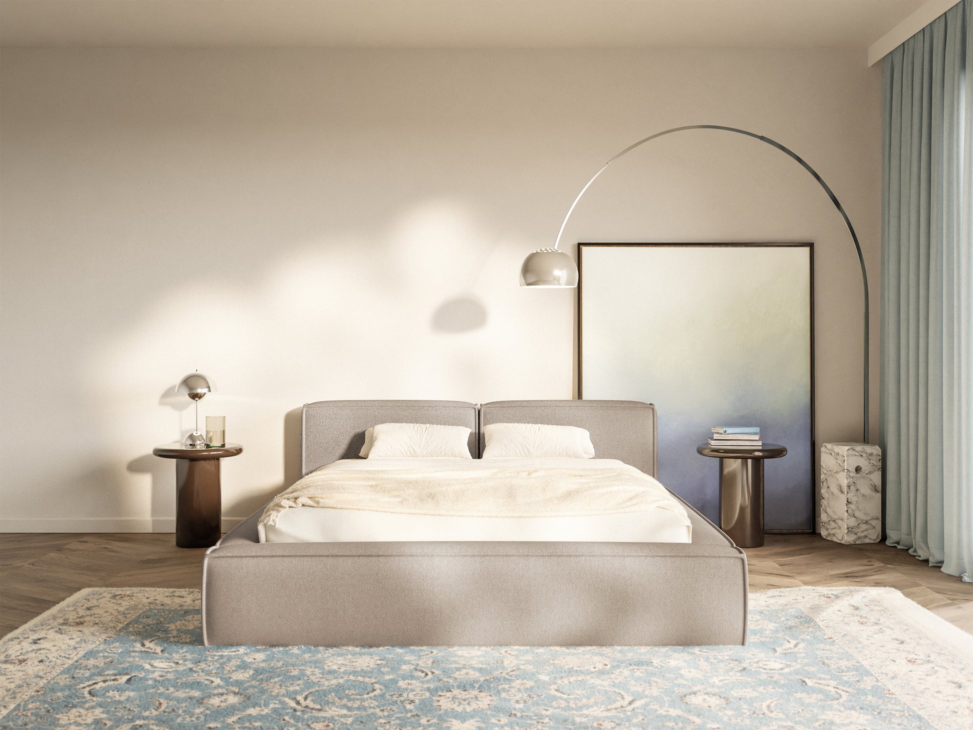 Łóżko tapicerowane 200x200 cm Tilves Slim Low z pojemnikiem stelaż metalowy beżowe szenil - podnośnik gazowy