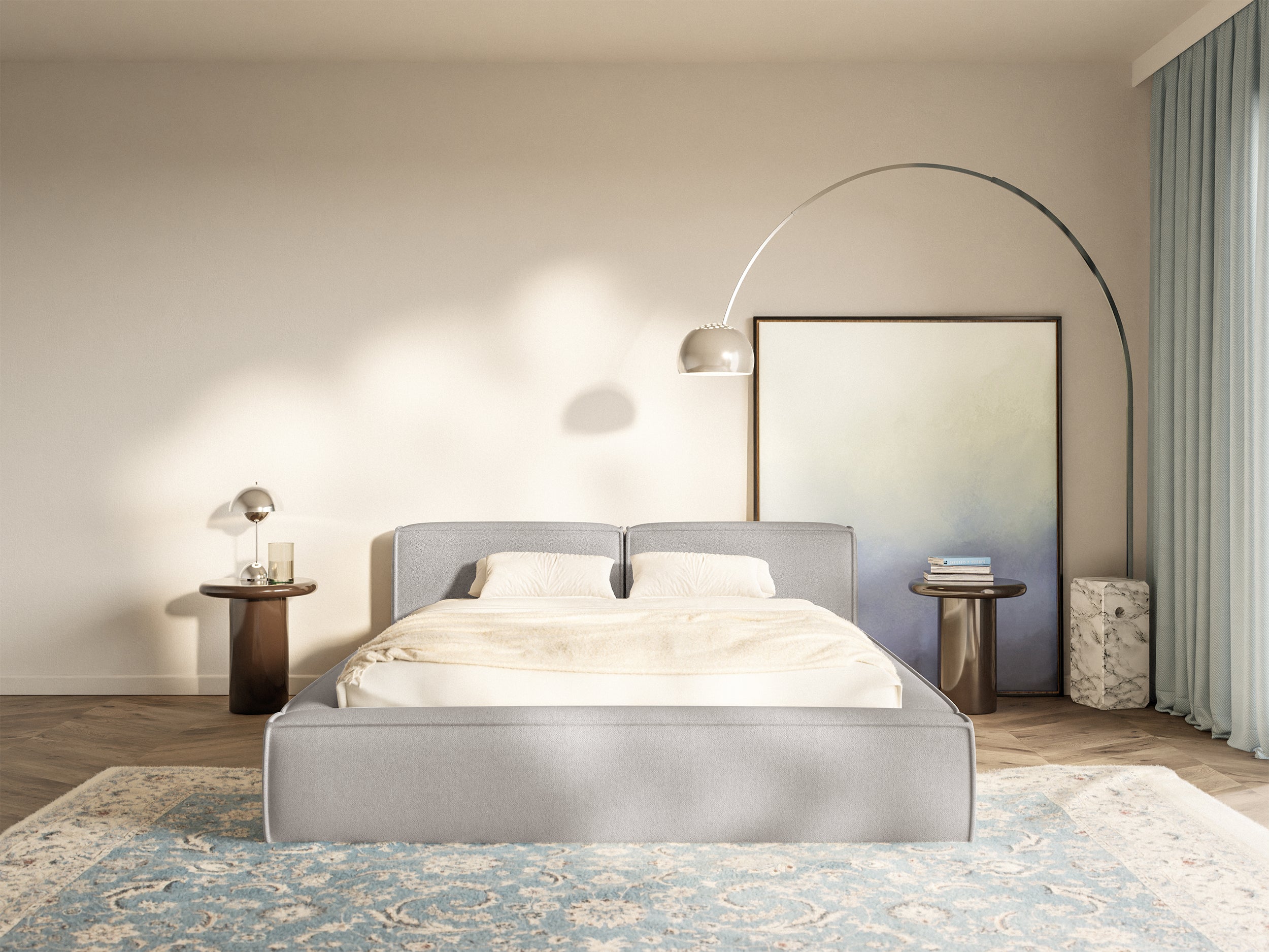 Łóżko tapicerowane 160x200 cm Tilves Slim Low z pojemnikiem stelaż metalowy jasnoszare szenil