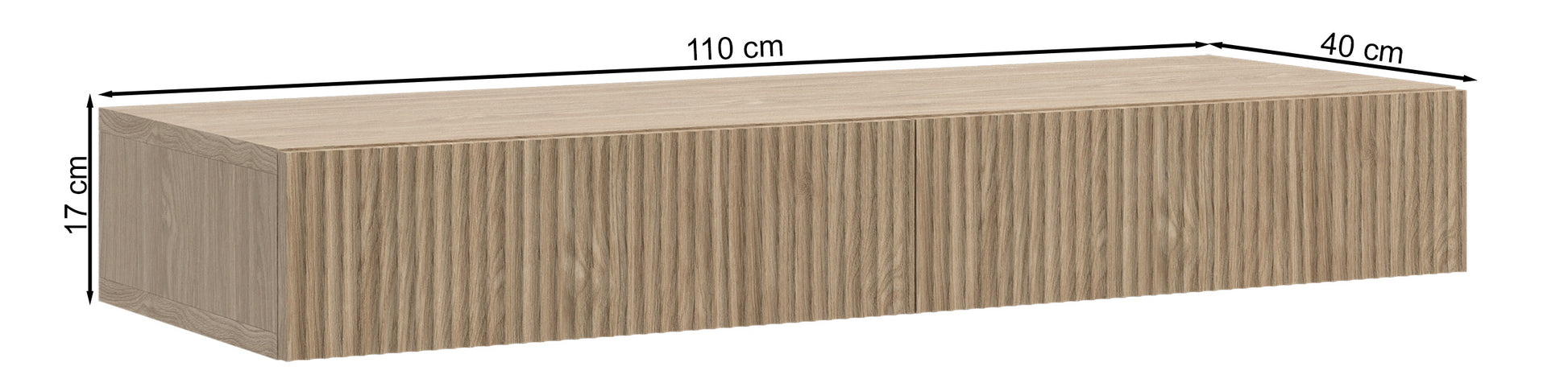 Rysunek wymiarowy - Toaletka Nolie z dwiema szufladami i ryflowaniem na froncie wisząca 110 cm dąb olejowany: szerokość 110 cm, głębokość 40 cm, wysokość 17 cm