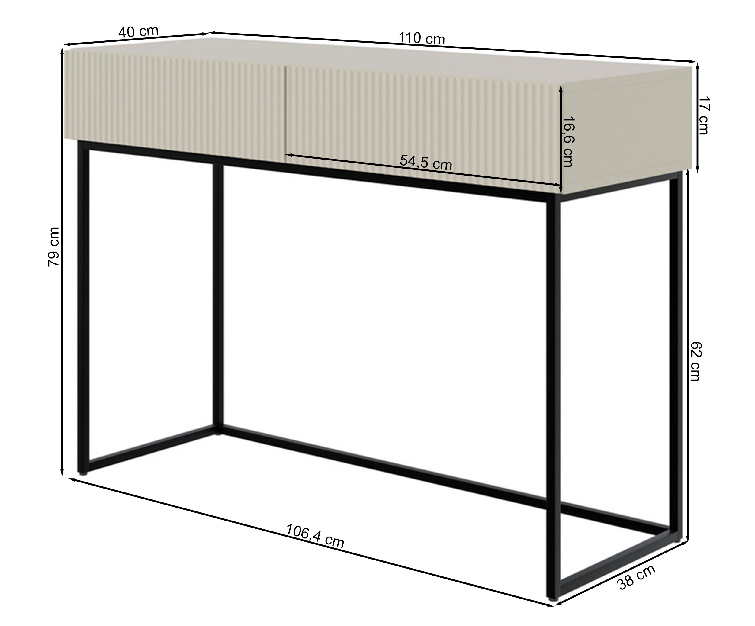 Rysunek wymiarowy - Toaletka Veldio Biała z czarnymi nogami: szerokość 110 cm, głębokość 40 cm, wysokość 79 cm