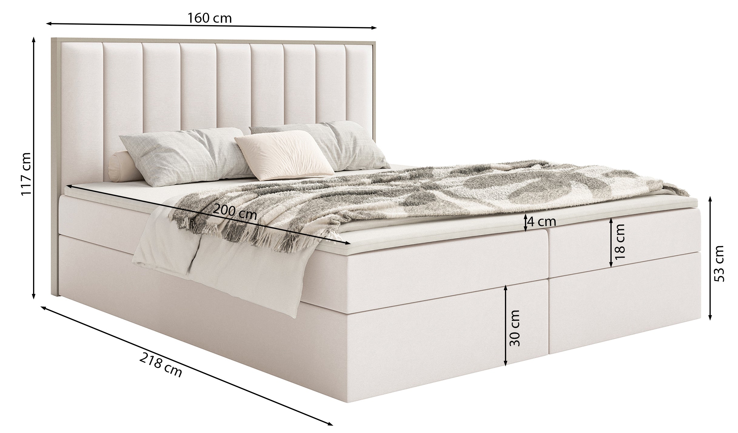 Łóżko kontynentalne 160x200 cm Togents z pojemnikami i topperem jasnoszare welur hydrofobowy