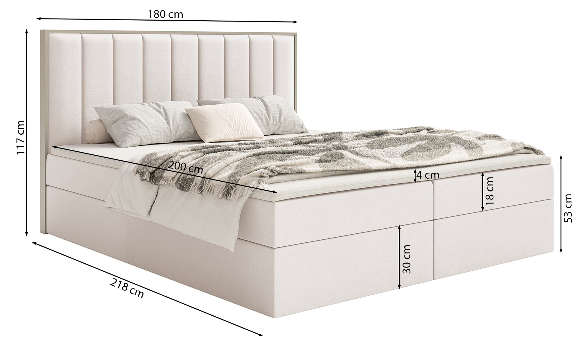 Łóżko kontynentalne Togents 180x200 cm z pojemnikami i topperem białe welur - materiał tworzywo sztuczne