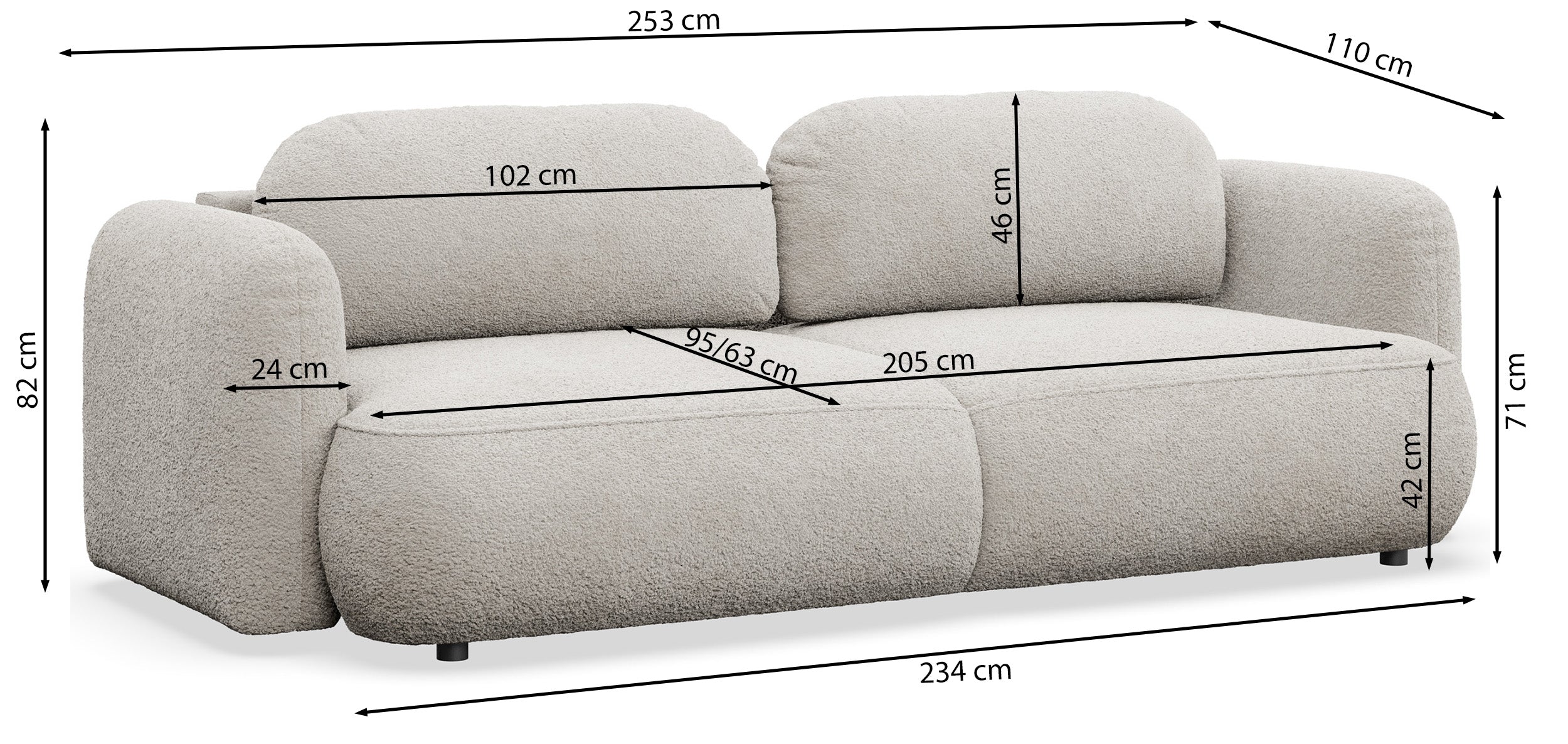 Rysunek wymiarowy - Kanapa rozkładana Tvoya jasnobeżowa boucle: szerokość 253 cm, głębokość 110 cm, wysokość 82 cm