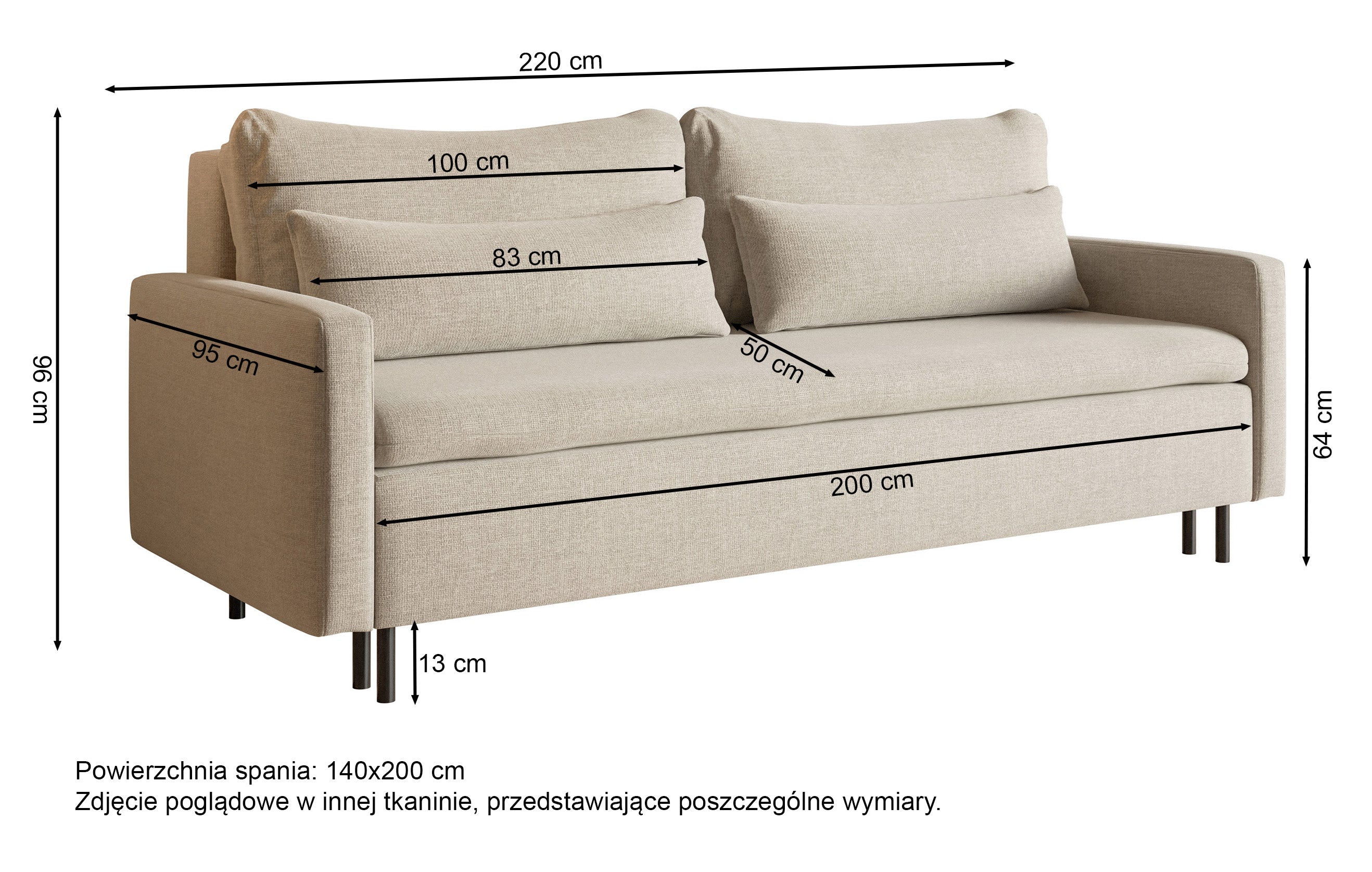 Rysunek wymiarowy - Kanapa rozkładana Umpro szarobeżowa: szerokość 220 cm, głębokość 95 cm, wysokość 96 cm