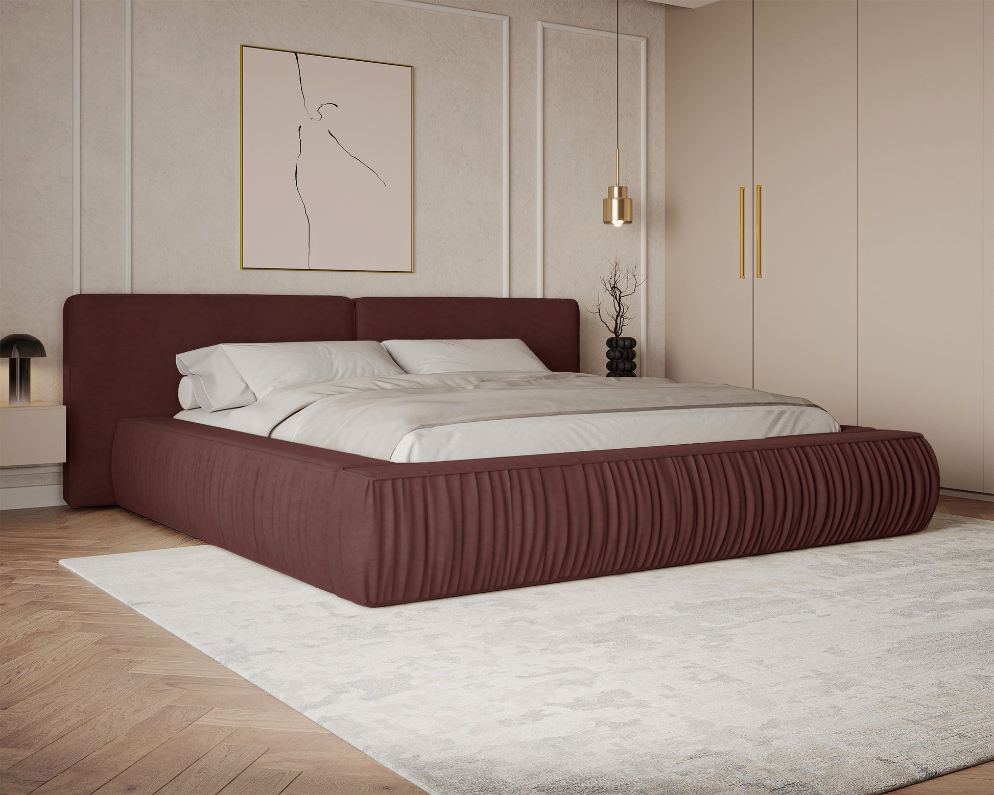 Łóżko tapicerowane Wavella 180x200 cm z pojemnikiem stelaż metalowy bordowe - materiał tkanina