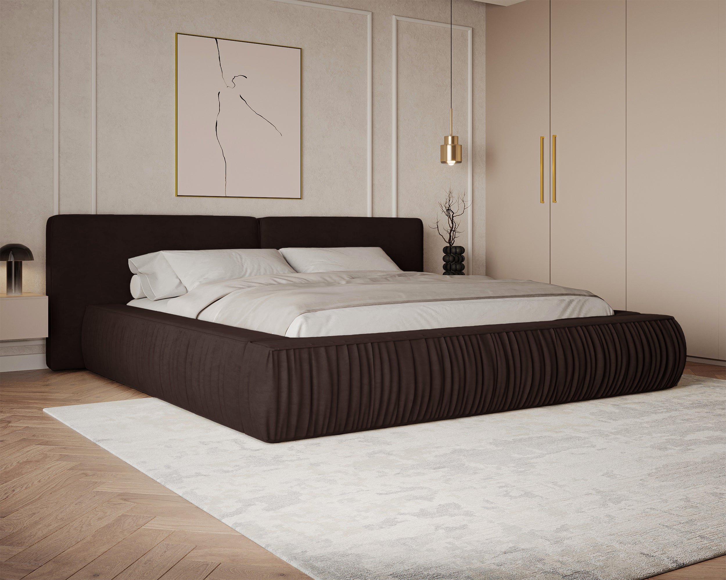Łóżko tapicerowane Wavella 160x200 cm z pojemnikiem stelaż metalowy brązowe - materiał tkanina