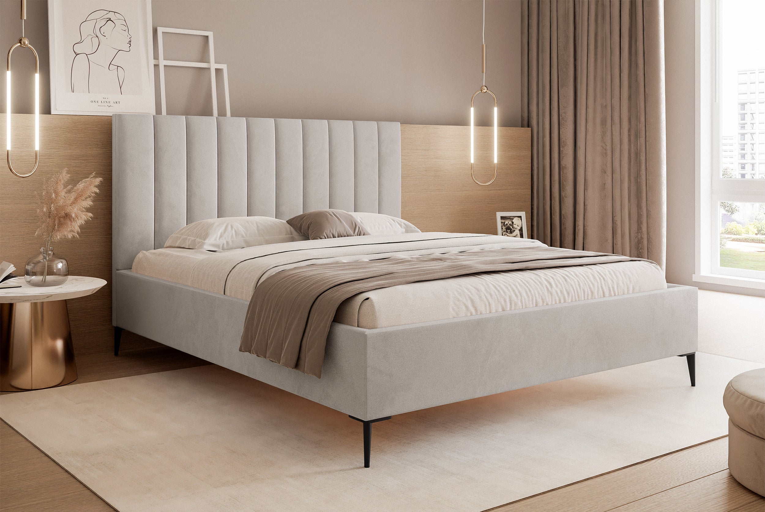 Łóżko tapicerowane 140x200 cm Veloro z pojemnikiem szarobeżowe welur stelaż metalowy na wysokich nóżkach