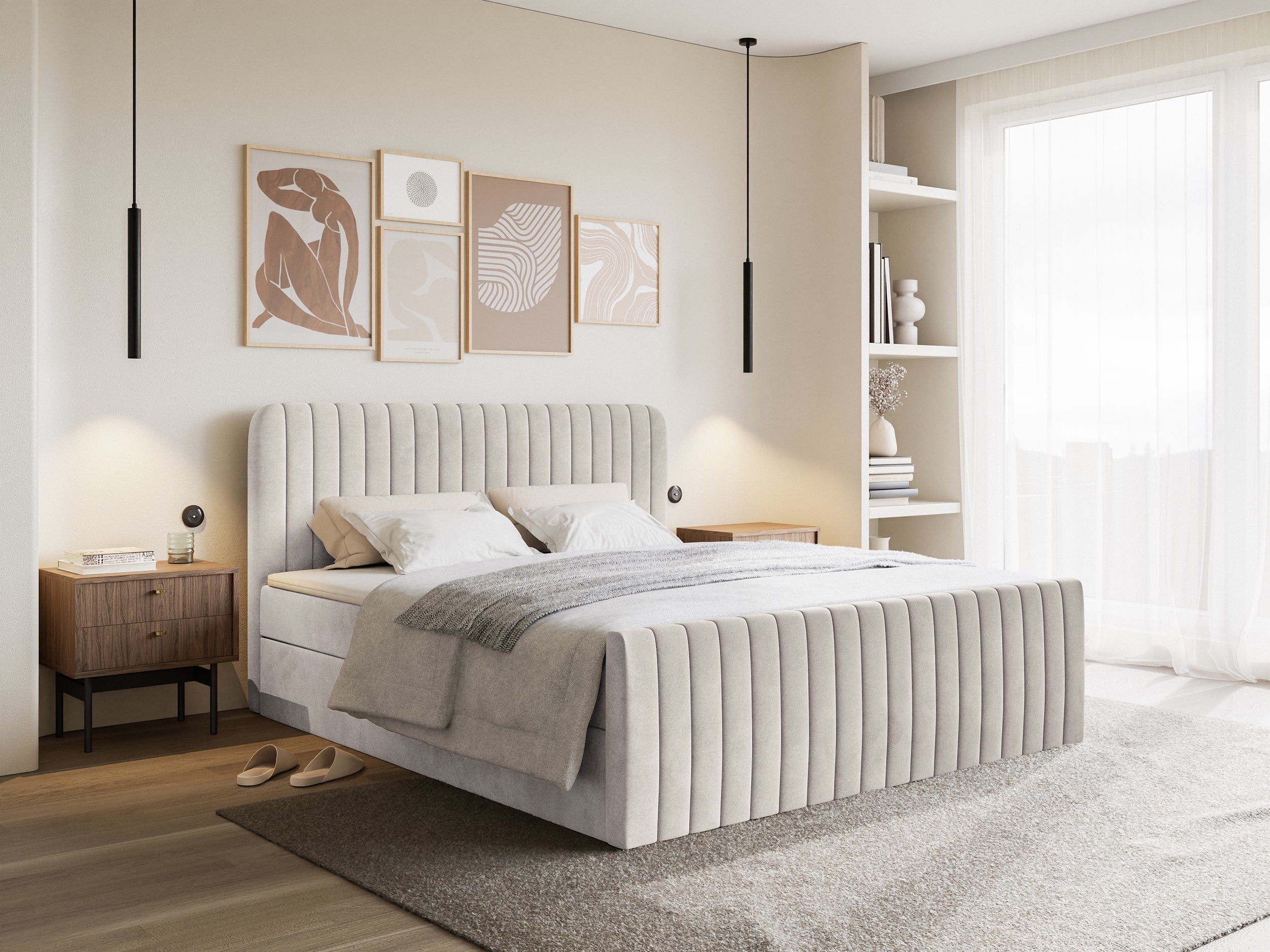 Łóżko kontynentalne 180x200 cm Saliano z pojemnikami i topperem beżowe welur