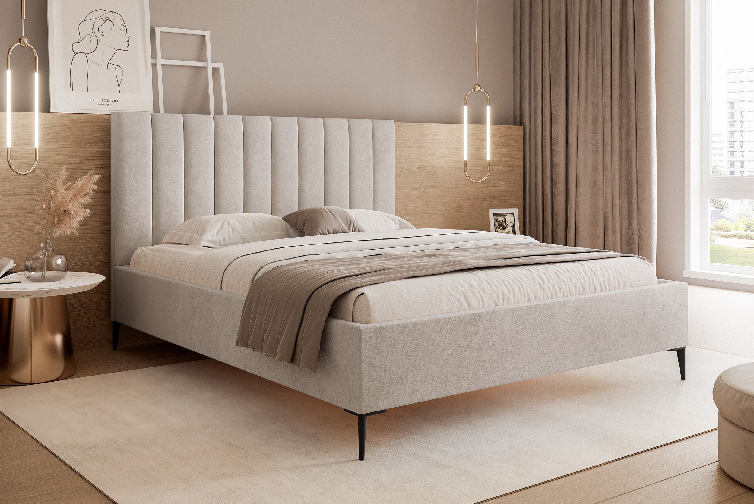 Łóżko tapicerowane 160x200 cm Veloro z pojemnikiem beżowe welur stelaż metalowy na wysokich nóżkach