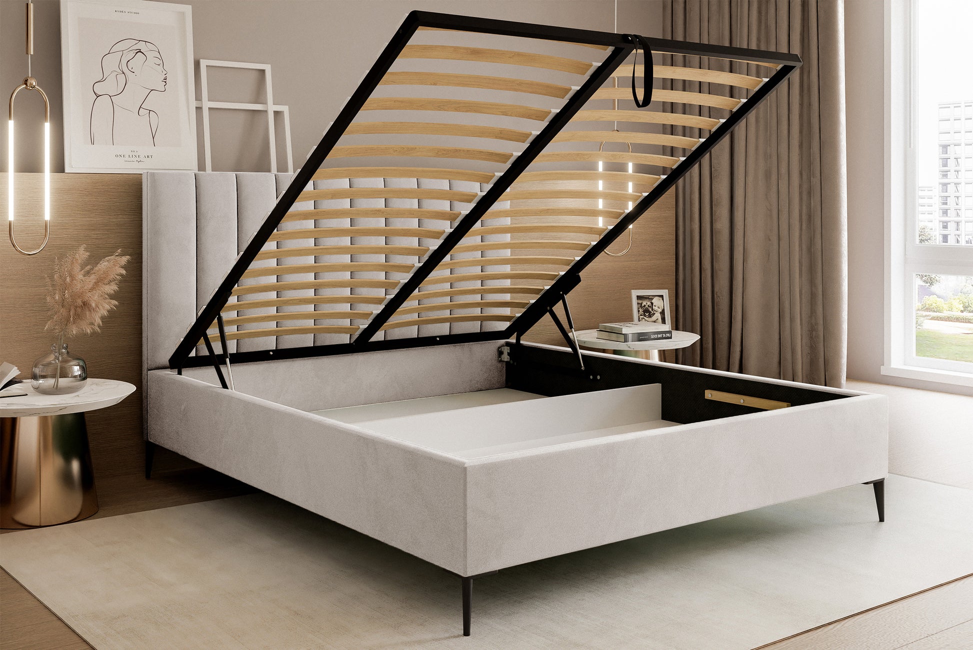Łóżko tapicerowane Veloro 180x200 cm z pojemnikiem beżowe - stelaż metalowy