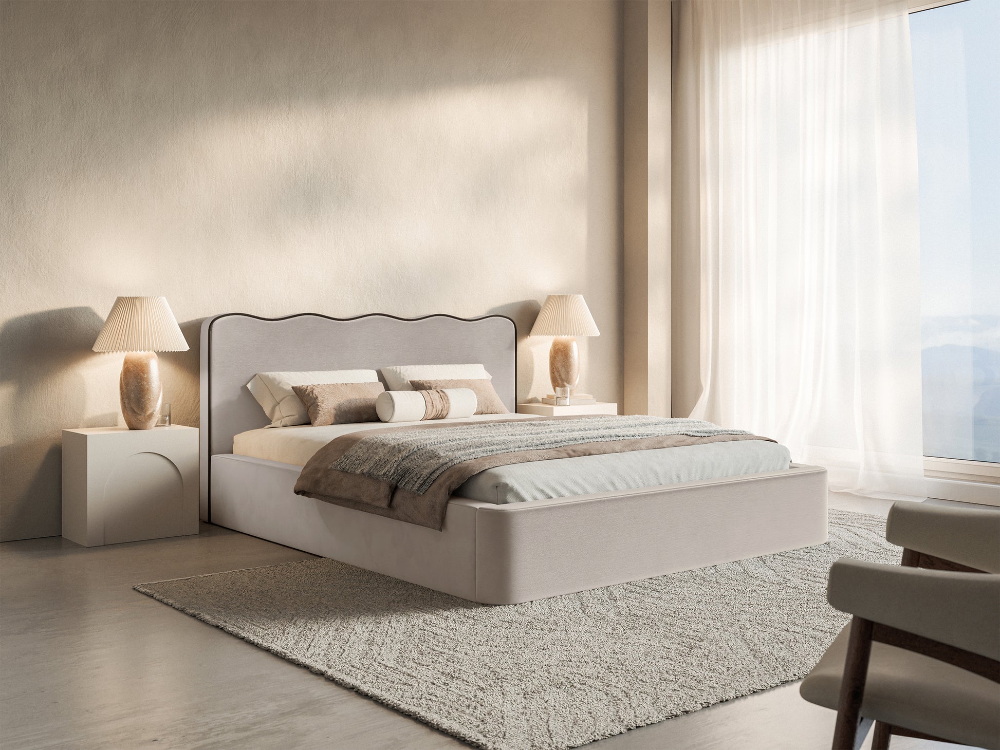 Łóżko Duney 200x200 cm beżowe welur - materiał drewno