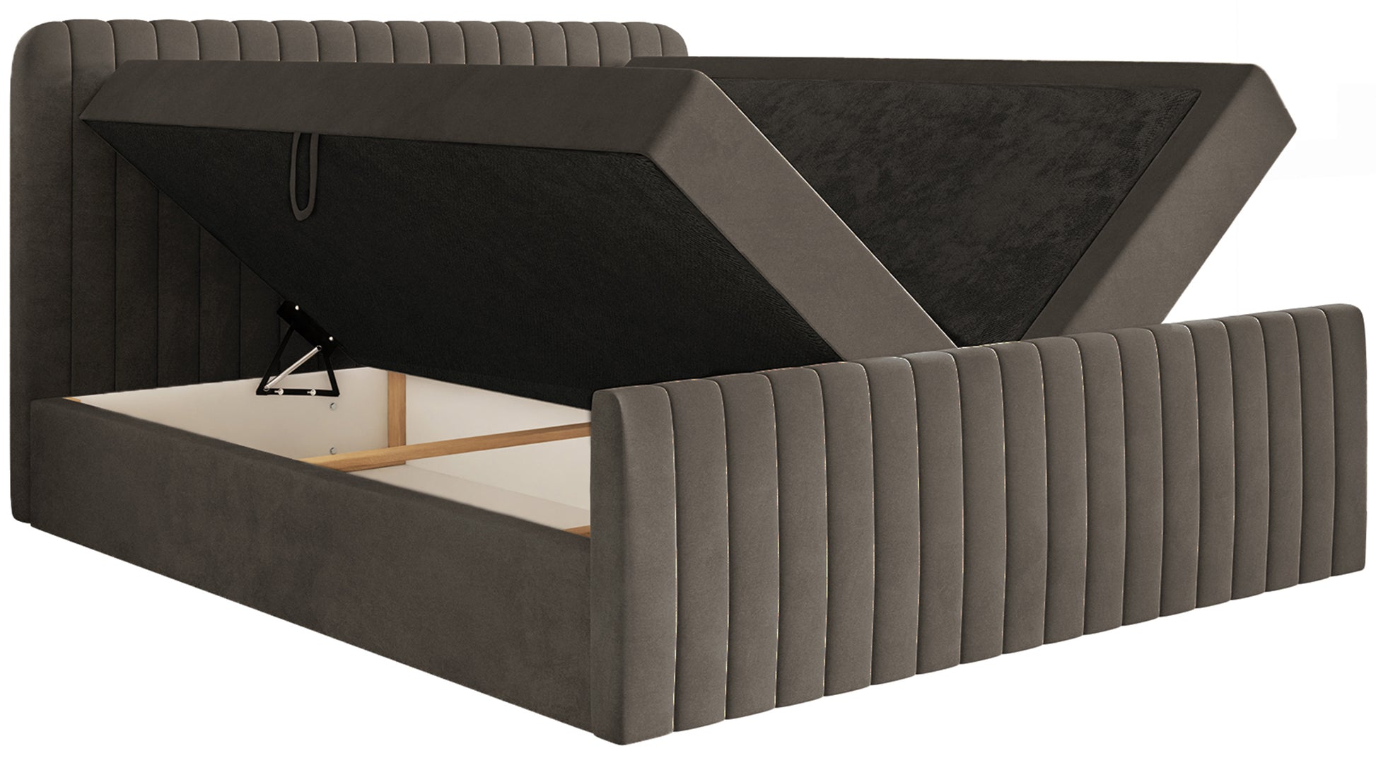 Łóżko kontynentalne 160x200 cm Saliano z pojemnikami i topperem brązowe welur - materiał pianka meblowa